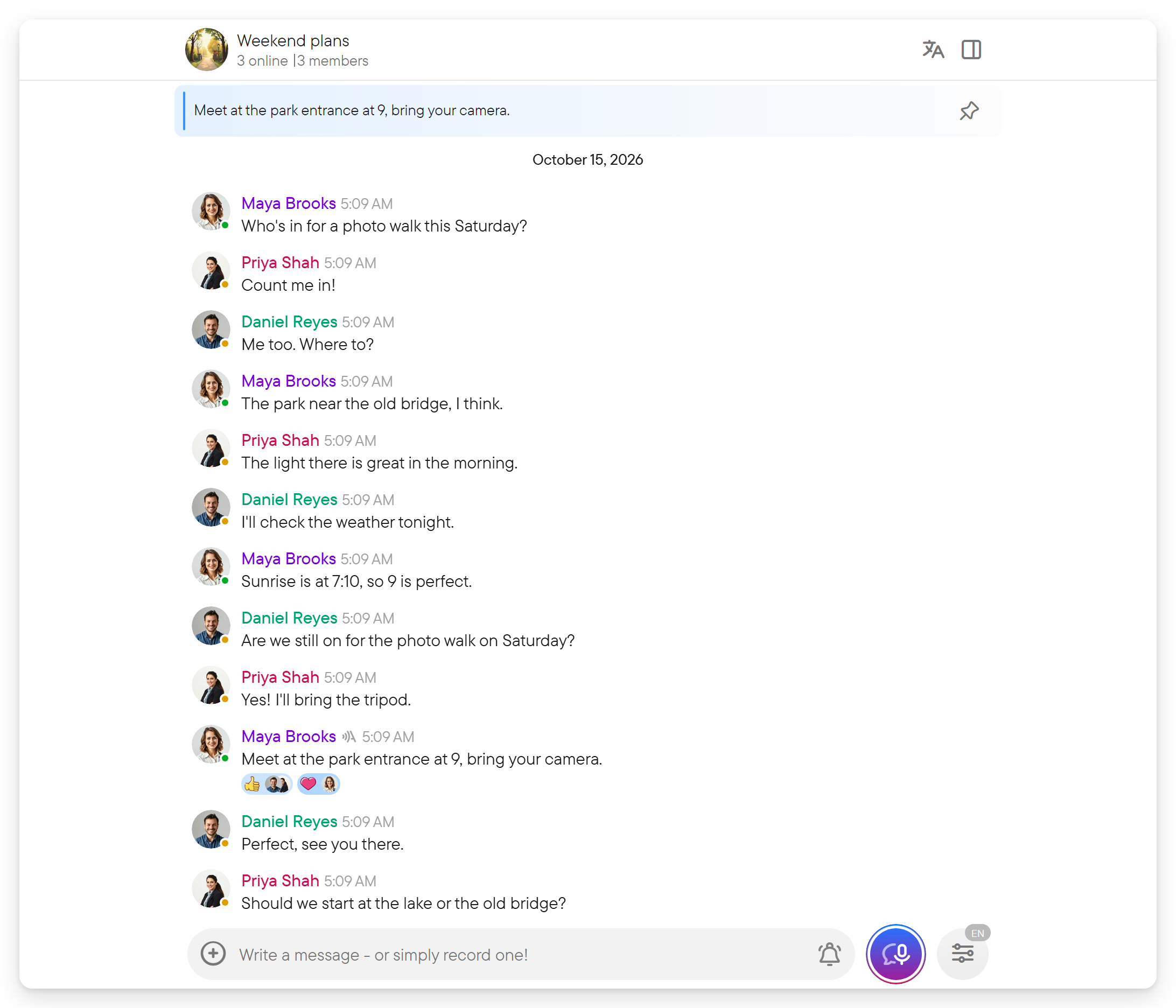 The middle panel of Voxt with a chat header, a pinned message, messages and the composer.
