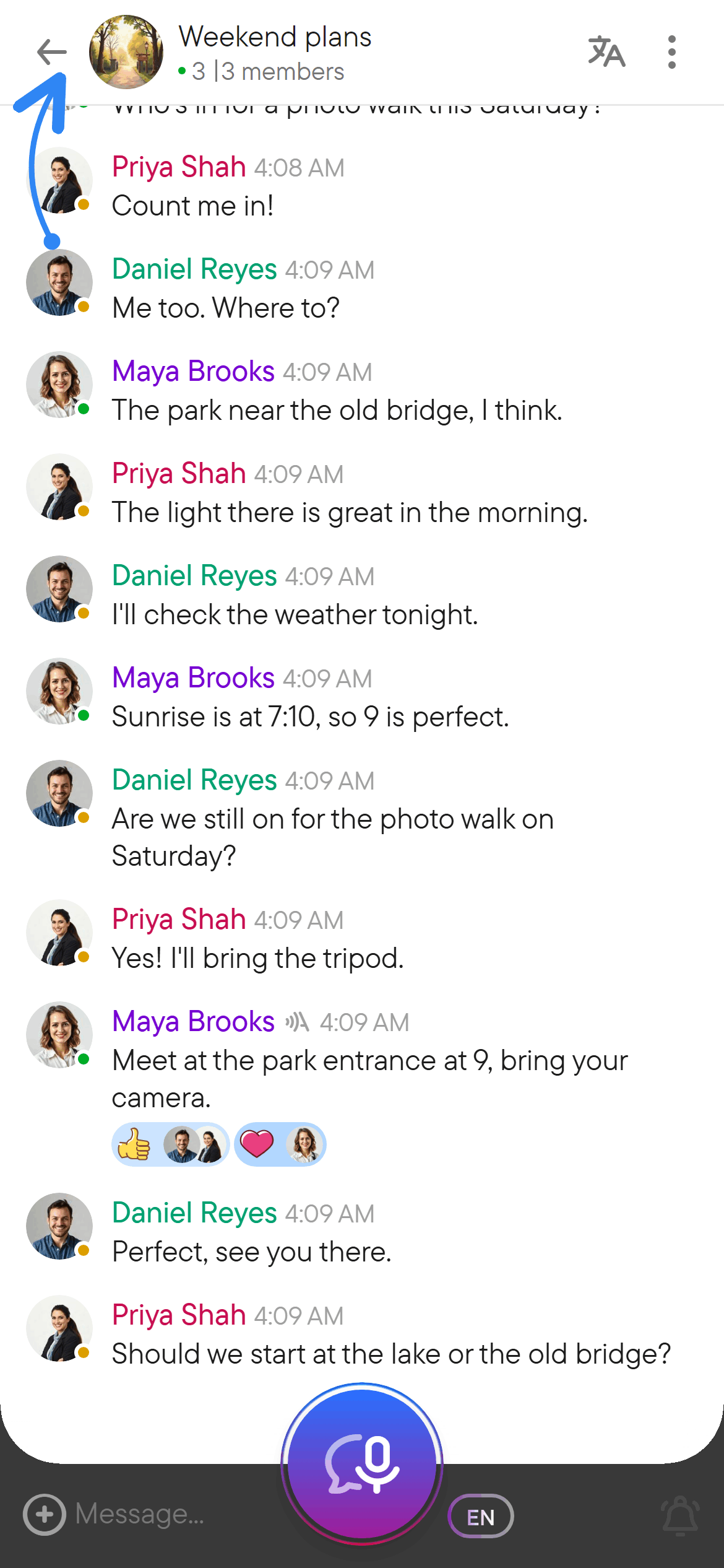 The back arrow returns to the chat list. A phone screen with a group conversation and a back arrow in the header.
