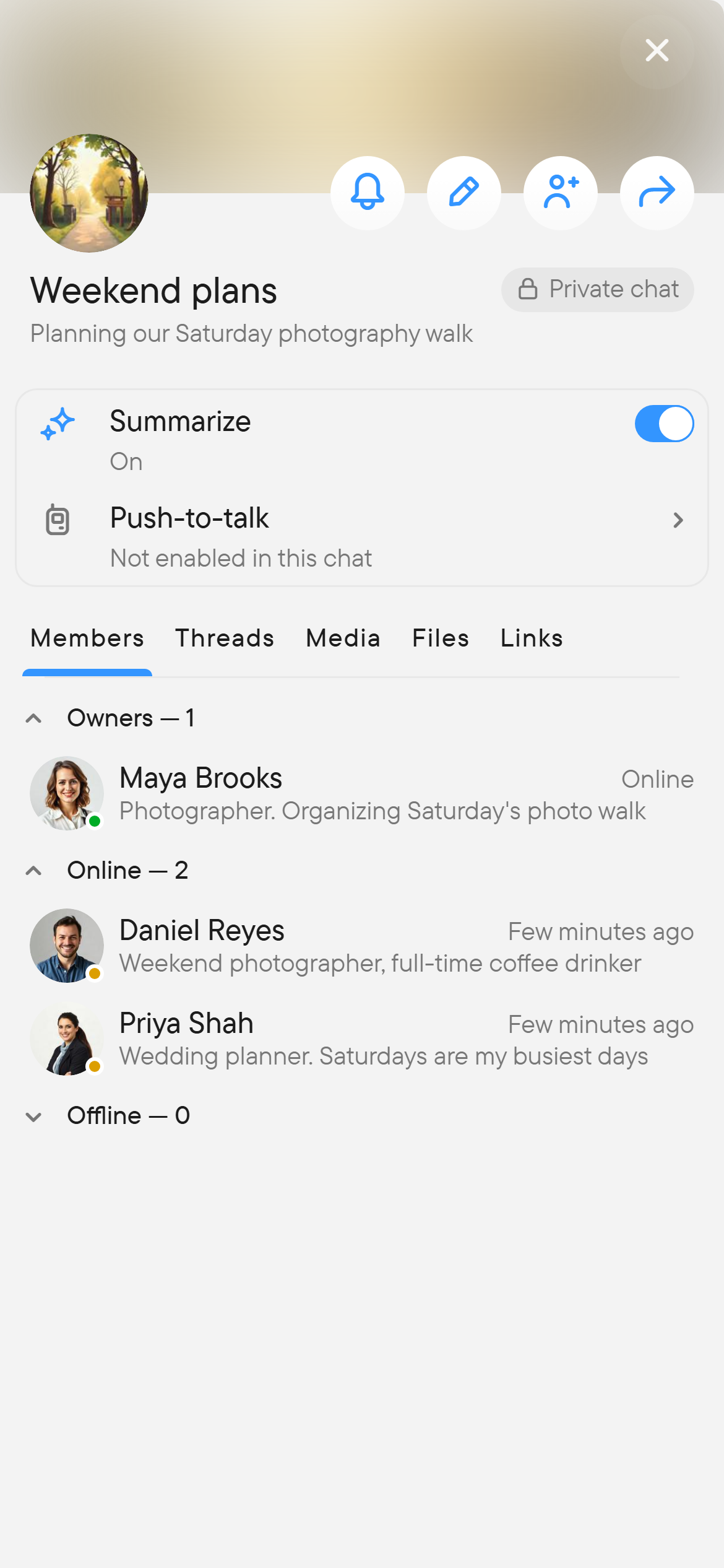 The same information, one panel at a time. A phone screen showing the information panel of a group with tabs and members.