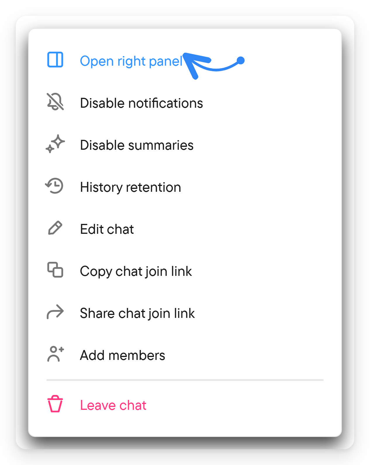 Open the information panel from the chat menu. A phone menu listing Open right panel, notifications, summaries, history retention and other chat actions.