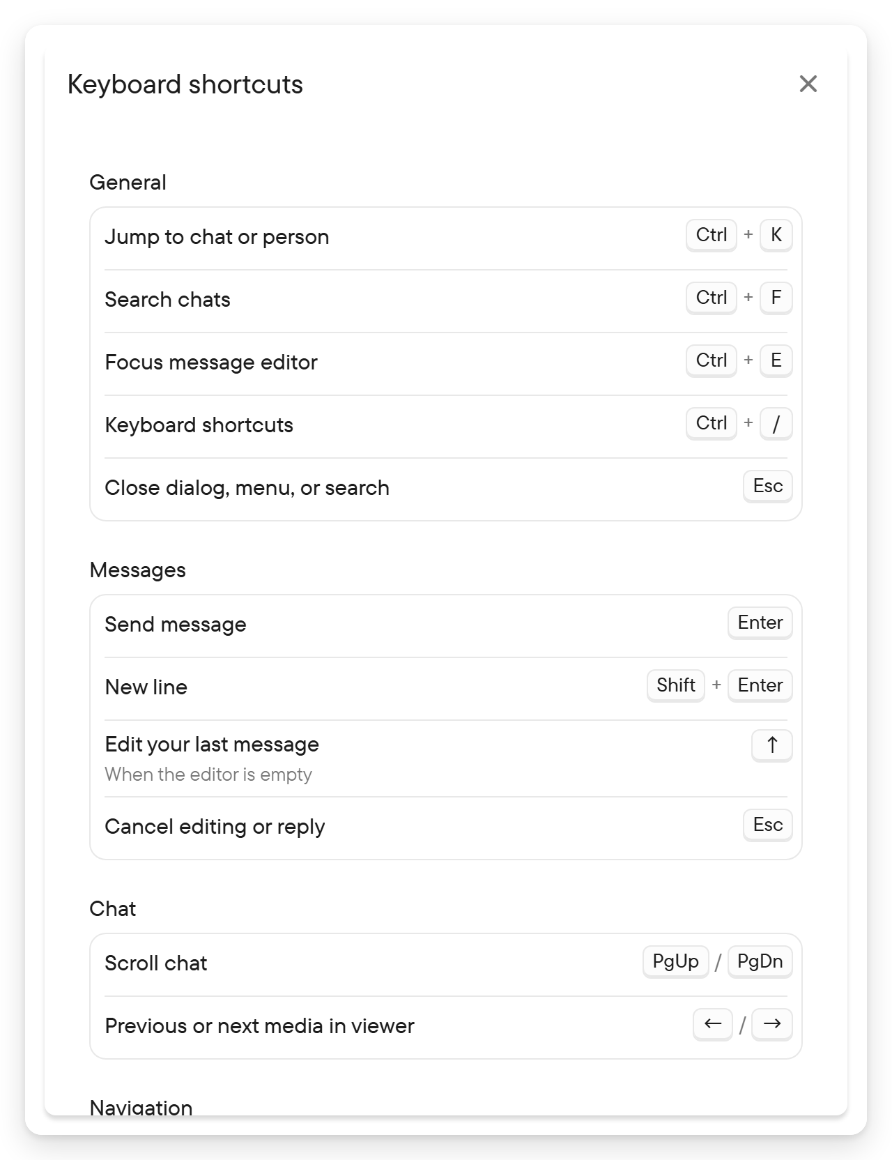 The keyboard shortcut help dialog listing shortcuts and their actions.