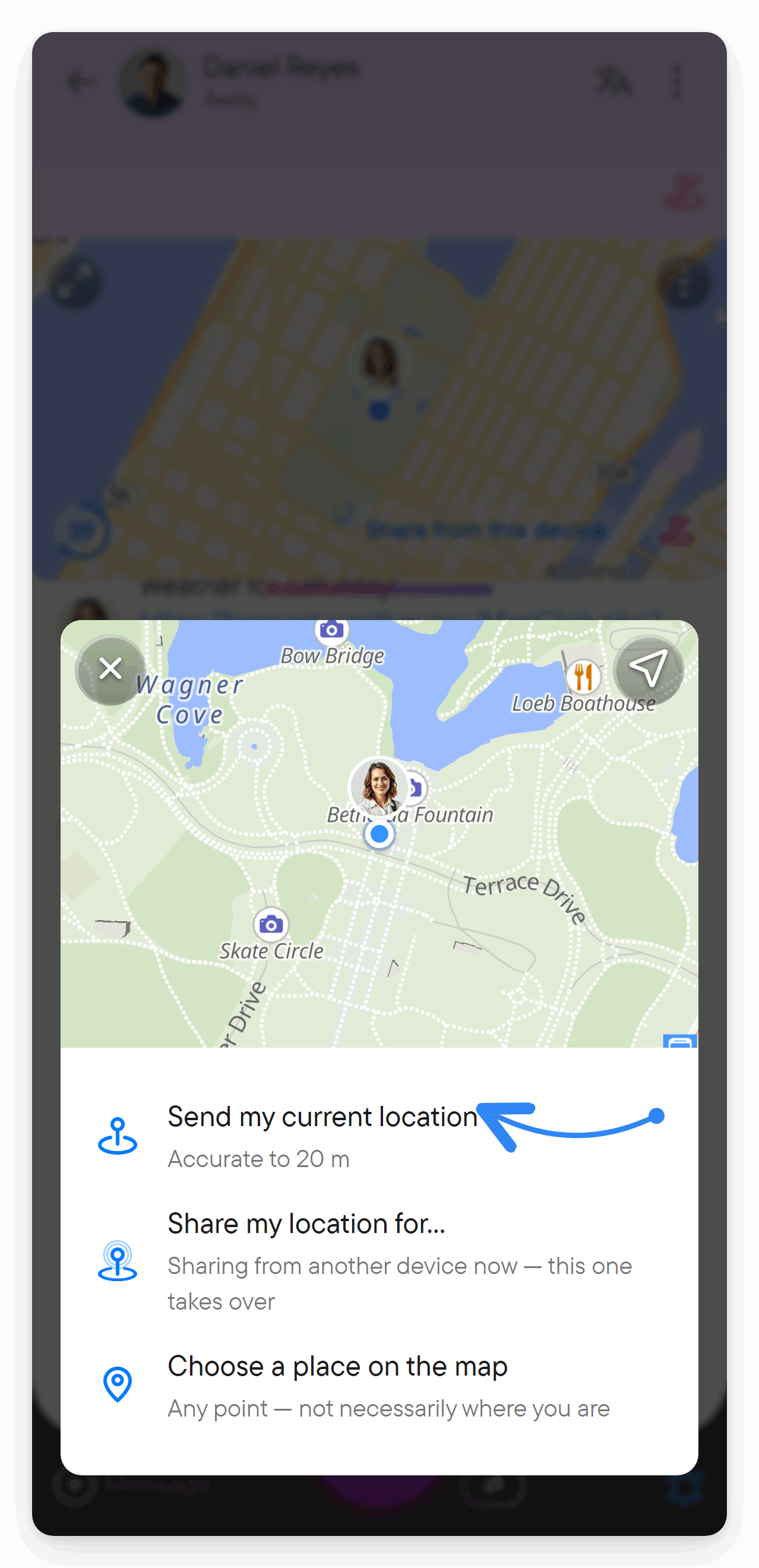 The Location dialog offers three choices: send your current location, choose a place on the map, or share it live.