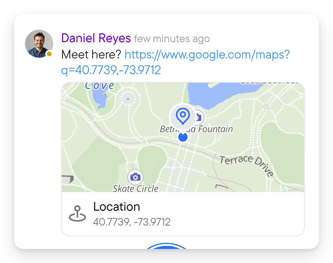 A message with a map link and a small map preview titled Location.