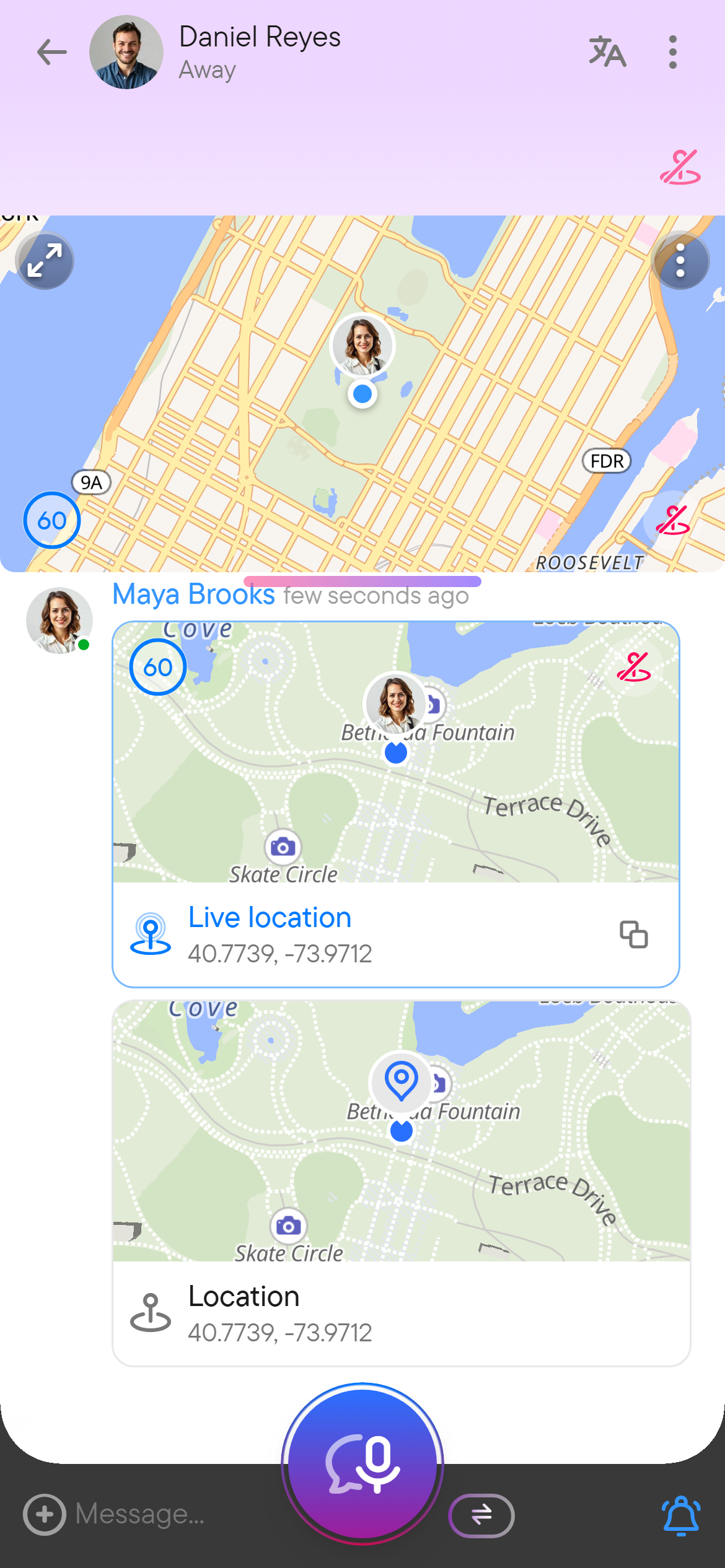 A chat with the live location strip at the top and a live location message with a countdown.