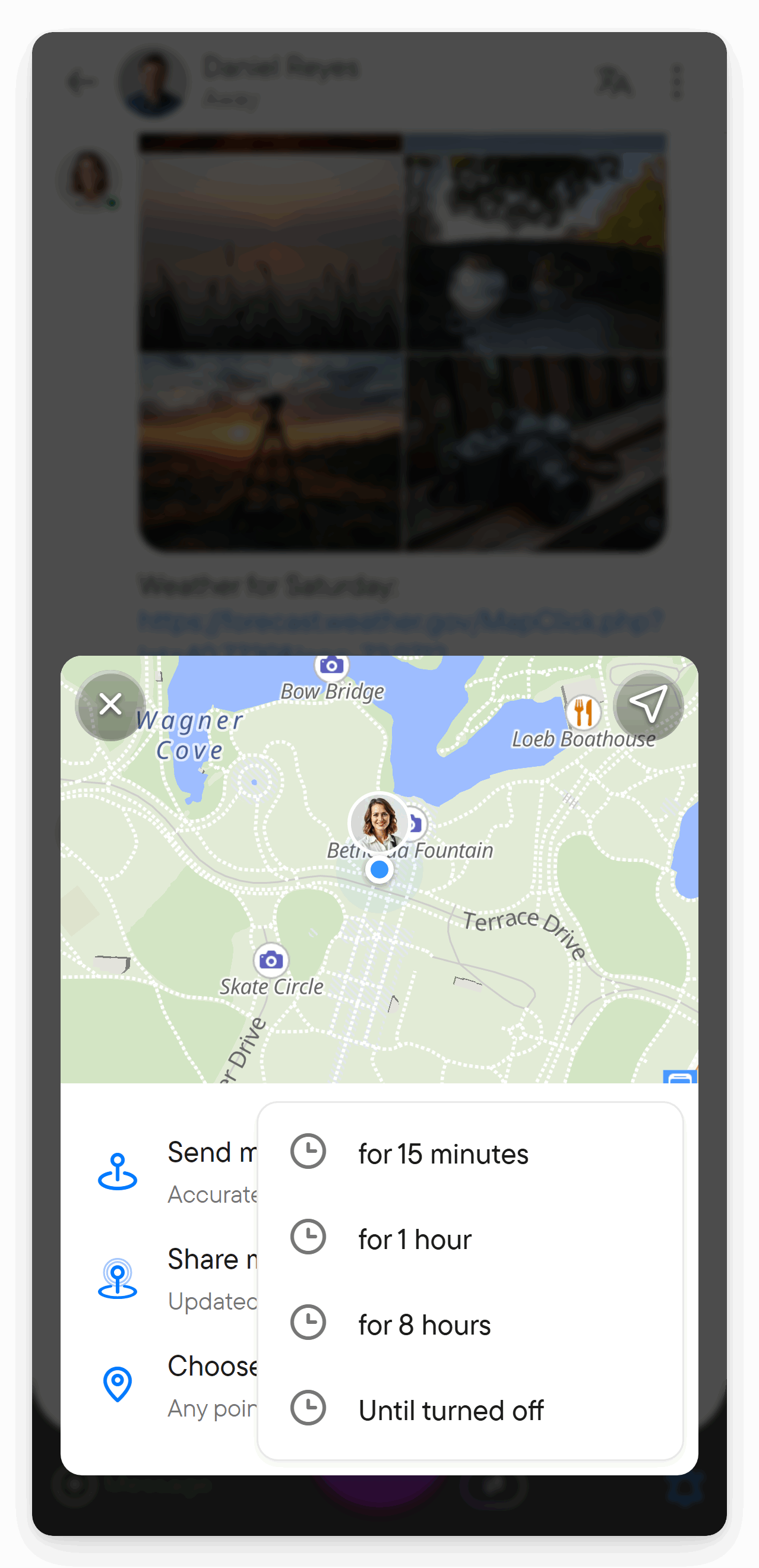 The live location duration menu: 15 minutes, 1 hour, 8 hours, or until turned off.