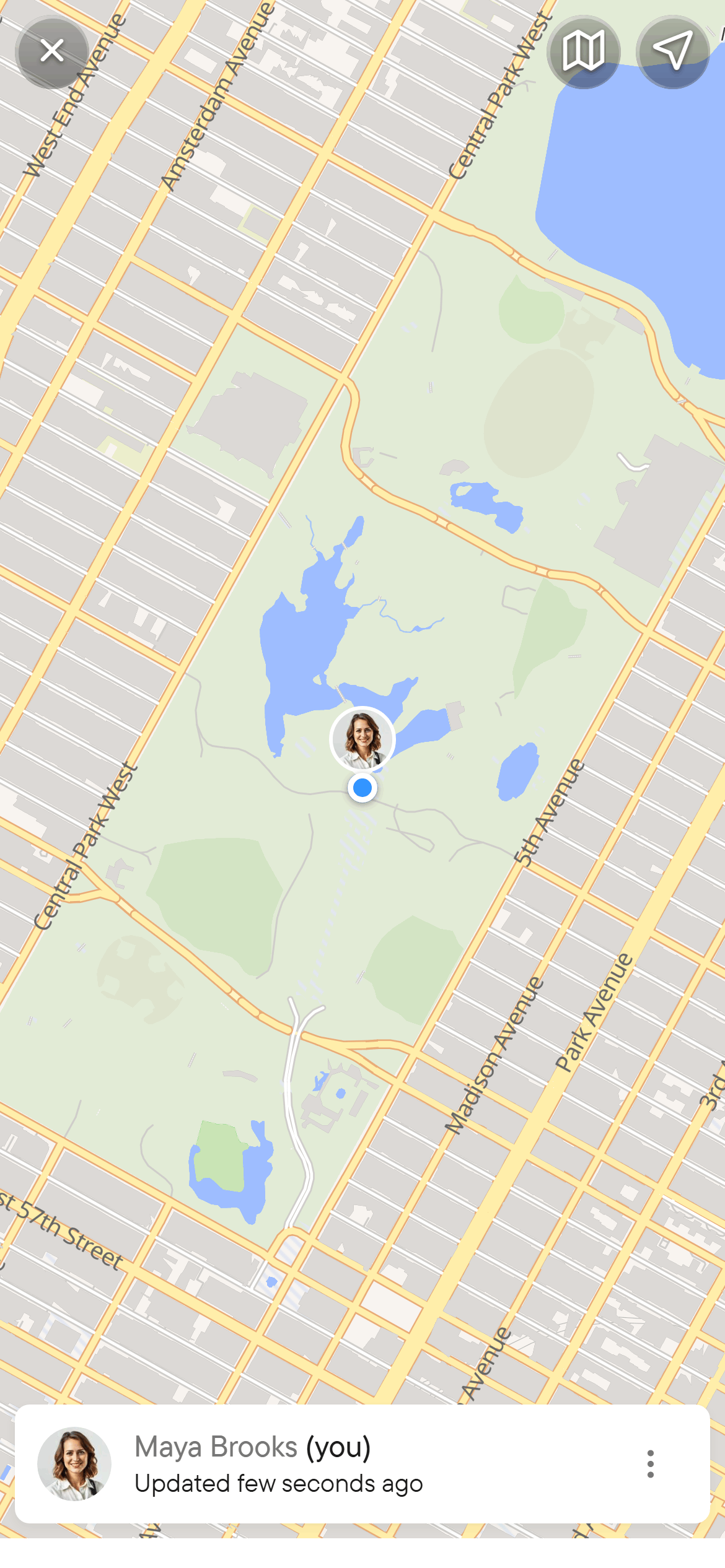 The live location map with the sharer's marker and the time of the last update.