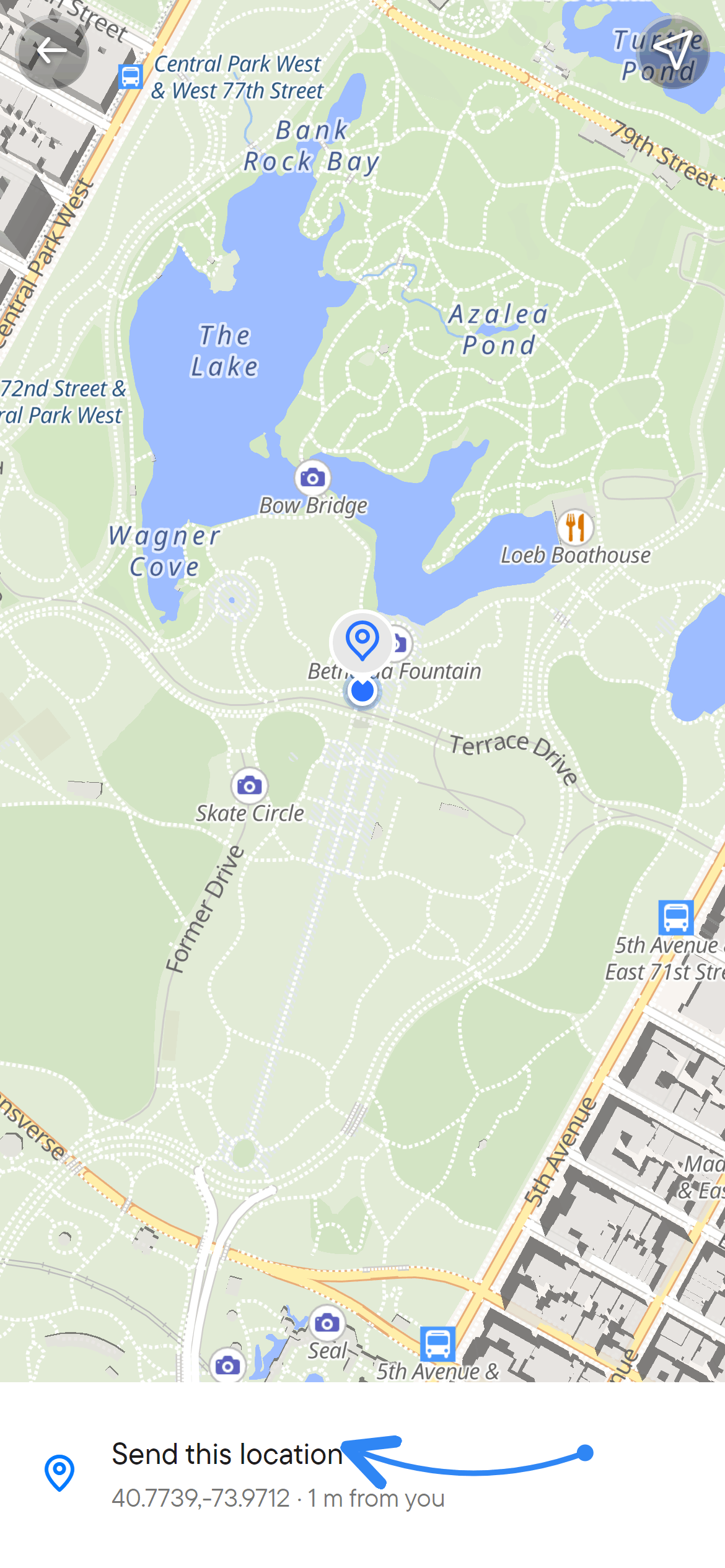The map picker with a pin on the meeting point and the Send this location button.