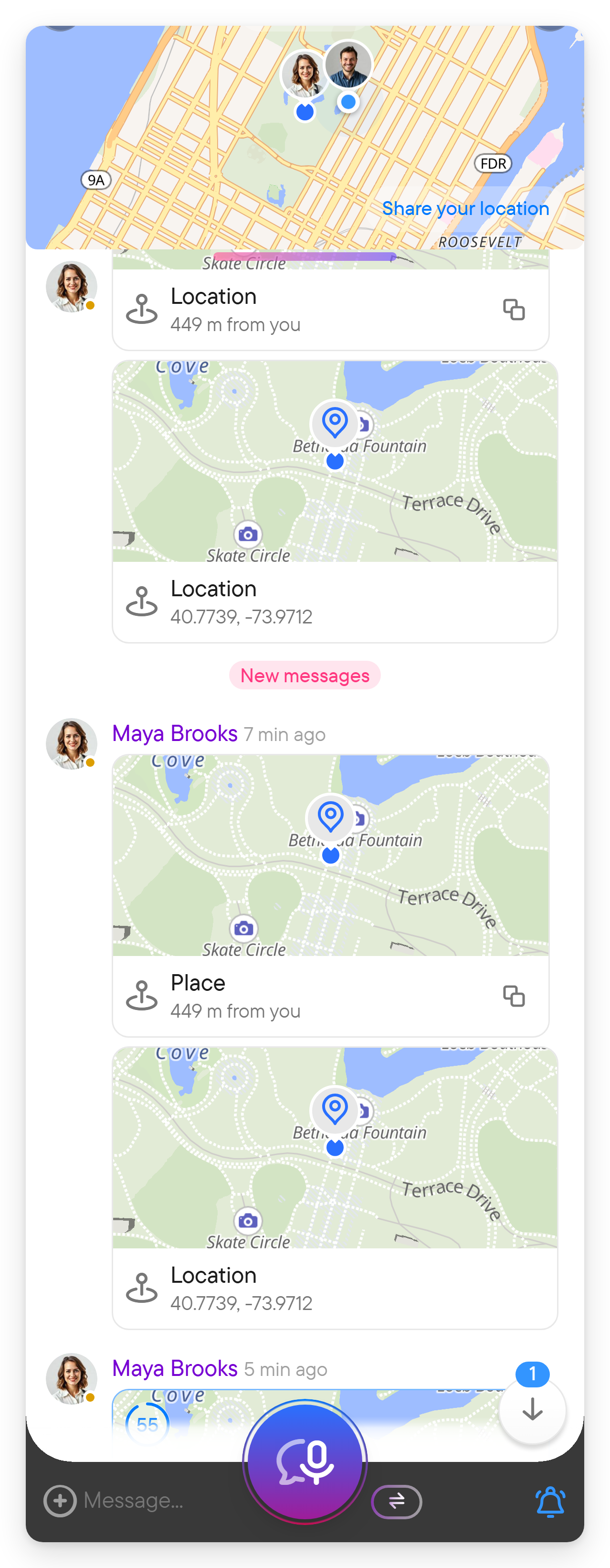 Three location messages titled Location, Place and Live location.