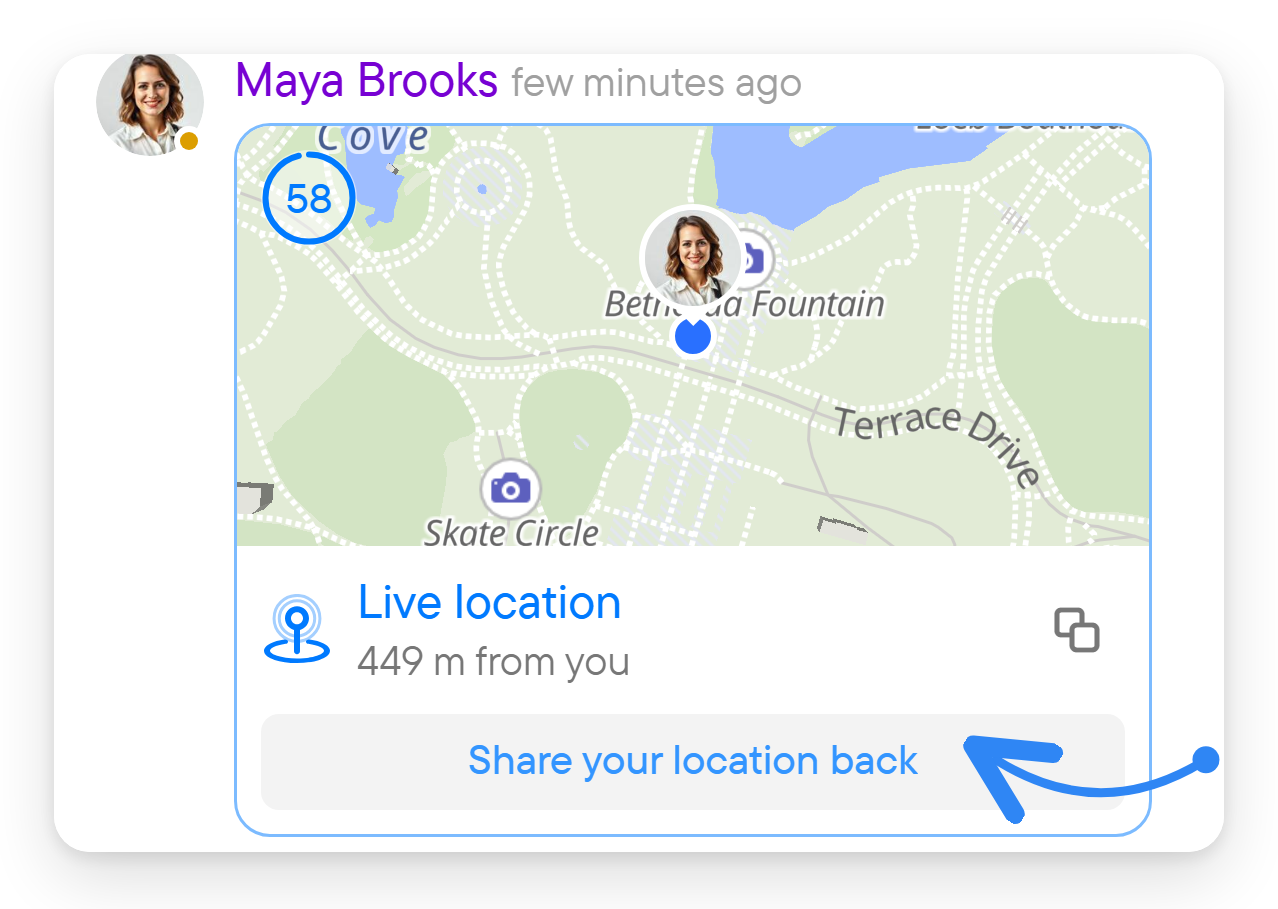 A live location message from a friend with the Share your location back link below it.