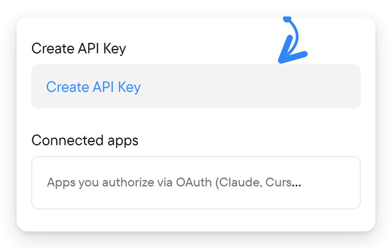 The API and apps settings with the Create API Key button highlighted.