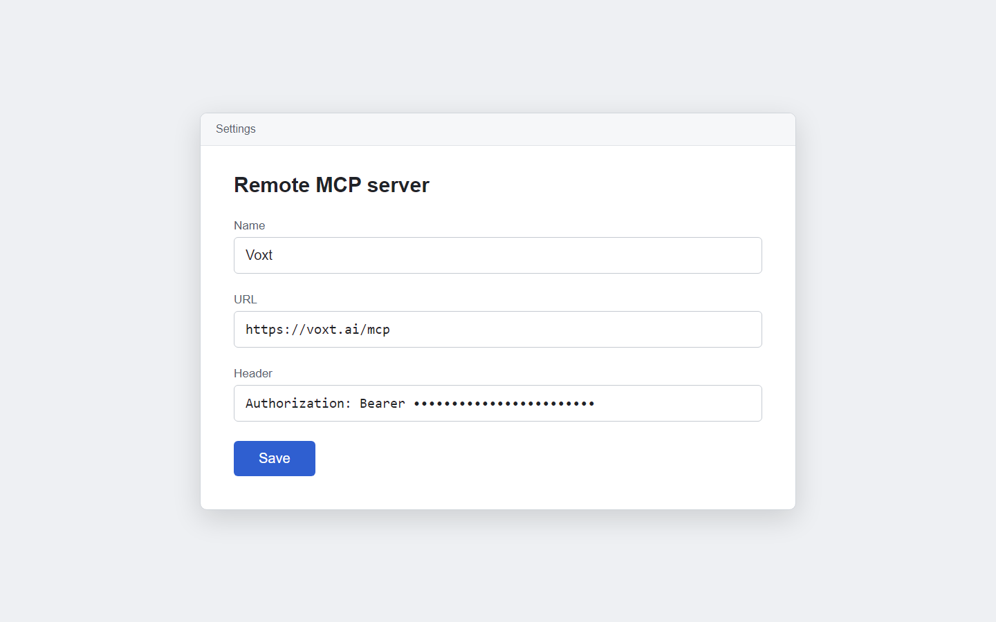 A generic assistant settings page with the Voxt endpoint and an Authorization header entered.