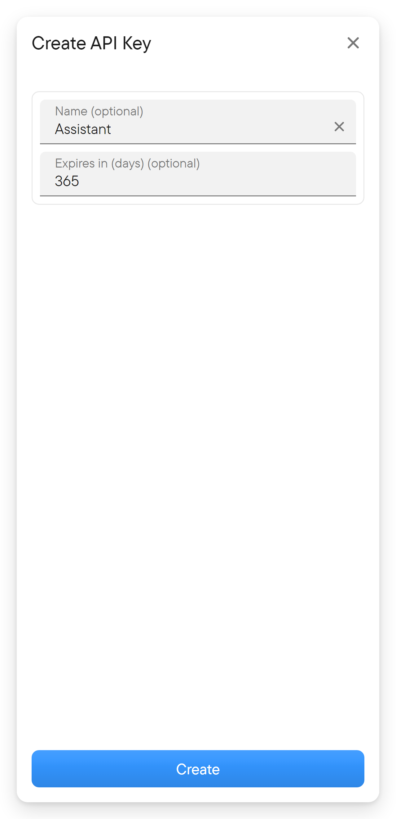 The Create API Key form with a name, an expiry in days and the Create button.