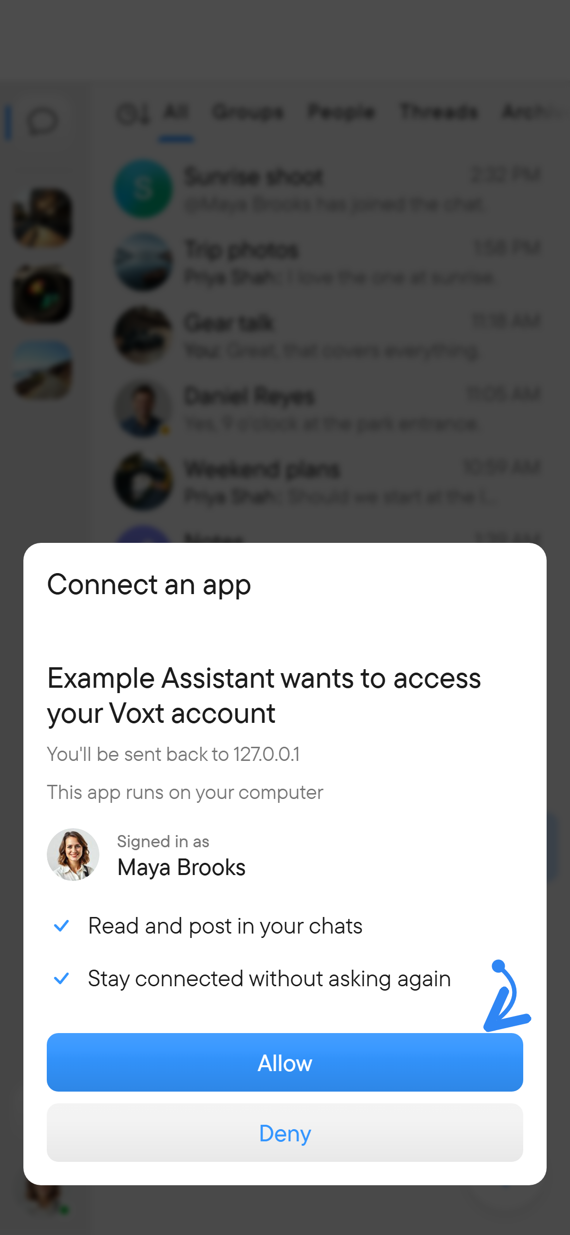 A Voxt page asking the user to approve access for an assistant, with approve and deny buttons.