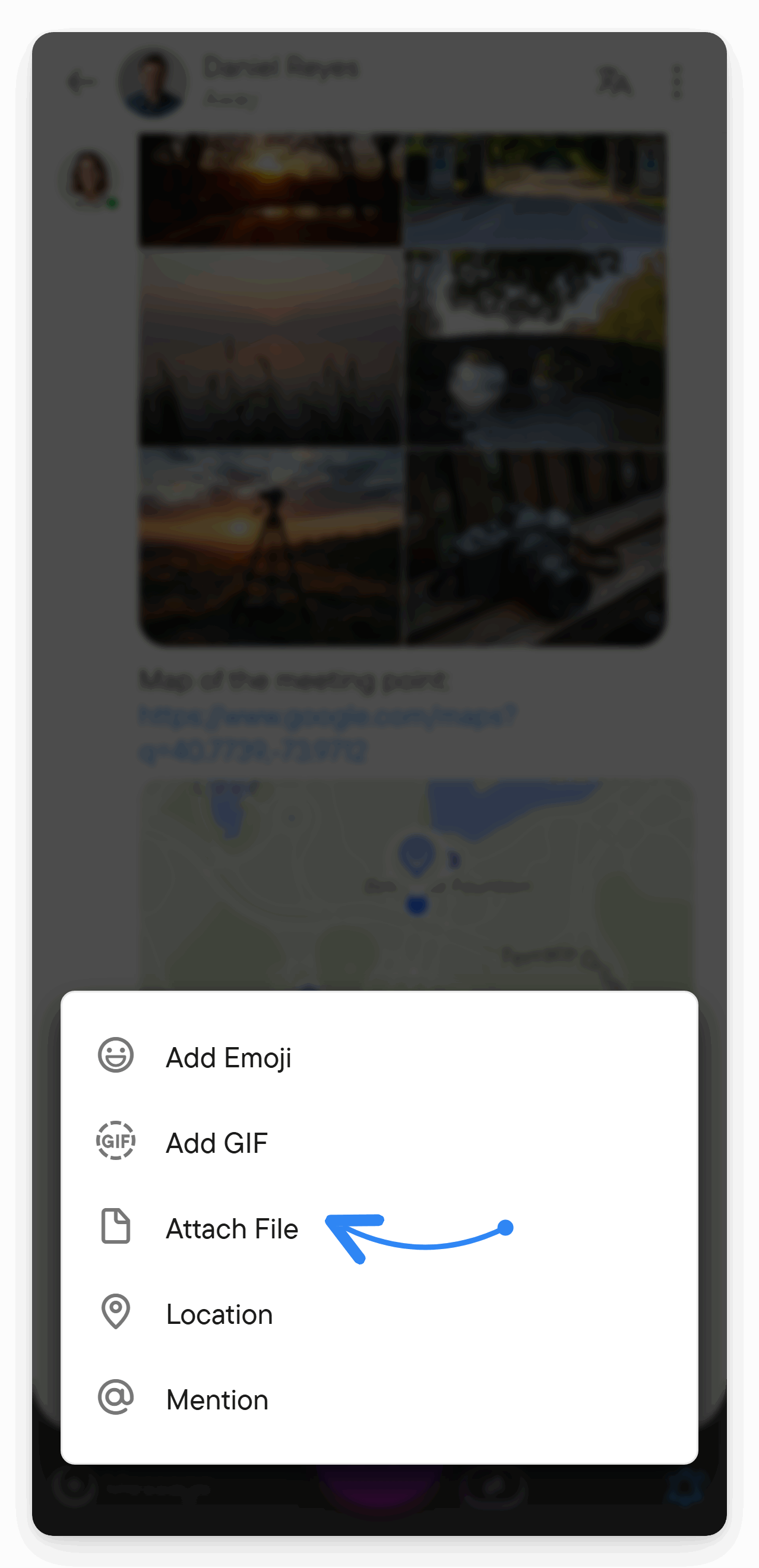 Open the plus menu and choose Attach File. The composer plus menu is open and its Attach File entry is highlighted.