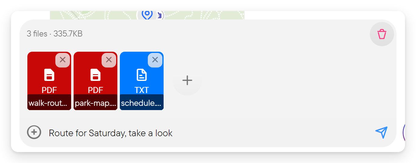 The message composer with three attached files listed as "3 files" with their total size, a remove button on each file, the trash button, the typed text and the active Send button.