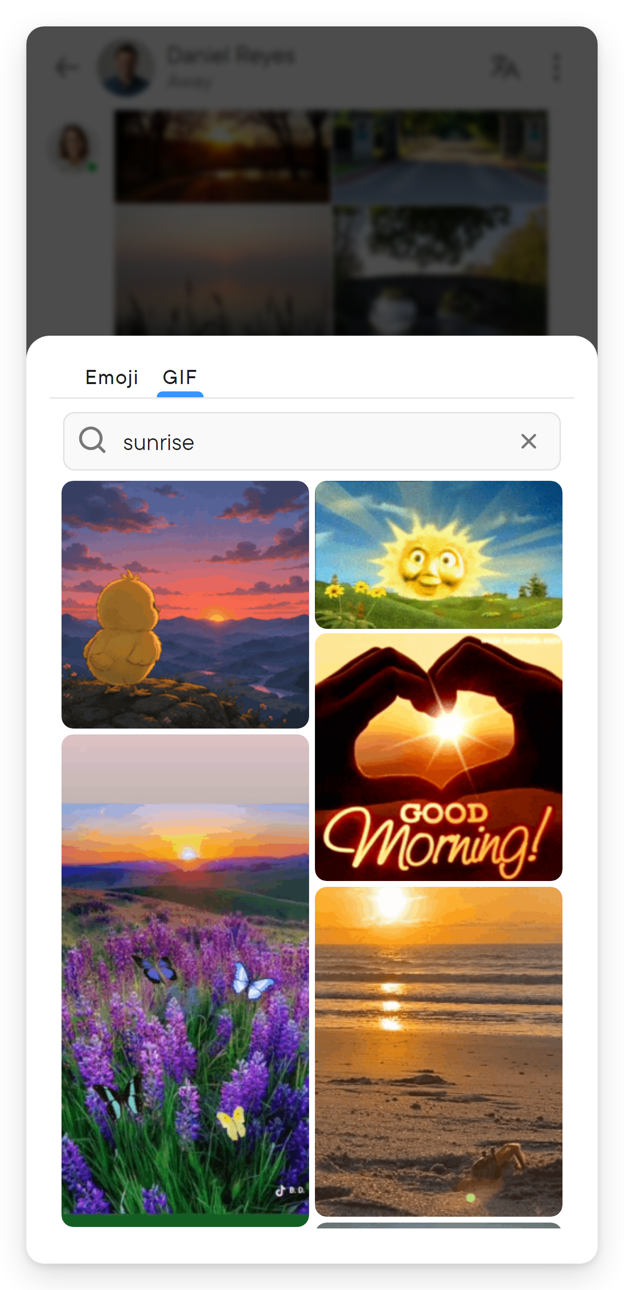Search for a GIF and pick one. The GIF picker shows a search box and a grid of animated results.