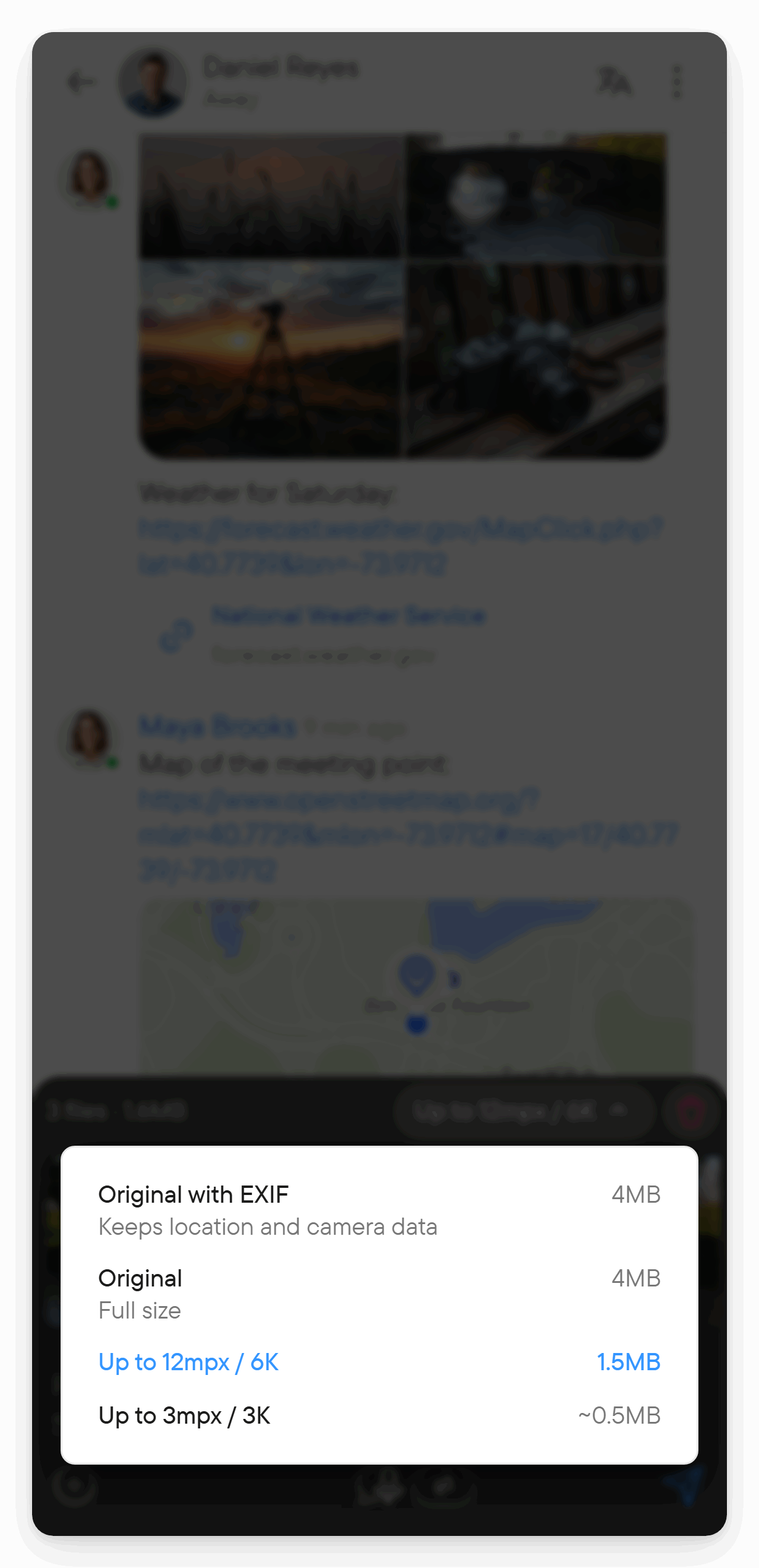 Choose how photos are sent. The image quality menu lists four choices with estimated upload sizes, and the default is selected.