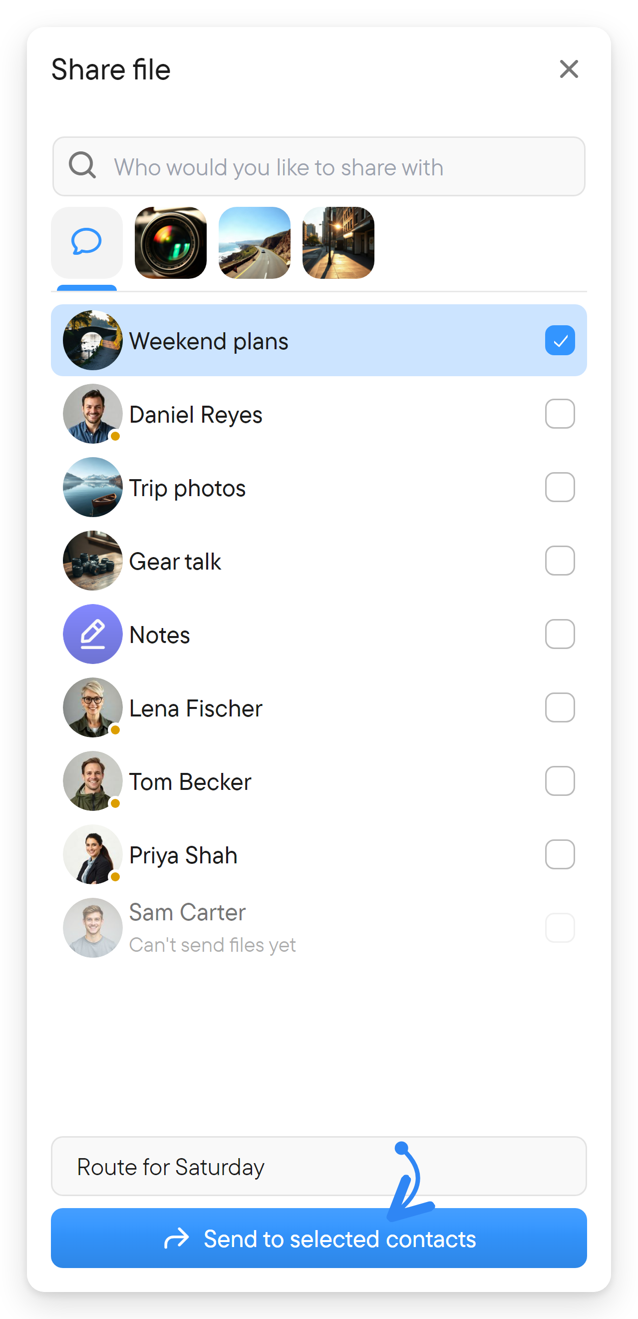 Share a file with another chat. The Share file dialog with one chat selected, a comment and the Share button.