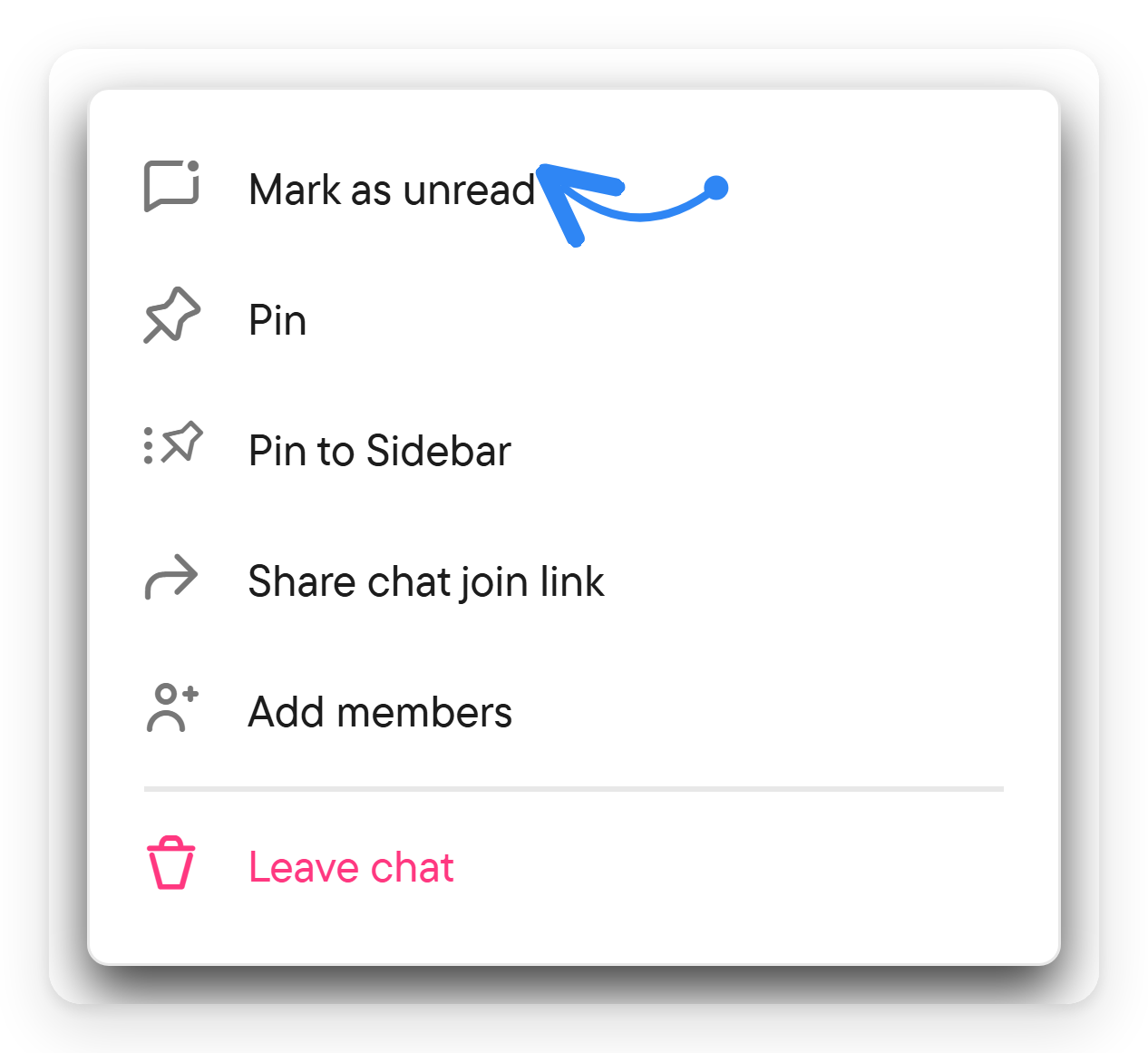 Mark a chat as unread from its menu. The menu of a chat in the chat list with the Mark as unread entry marked.