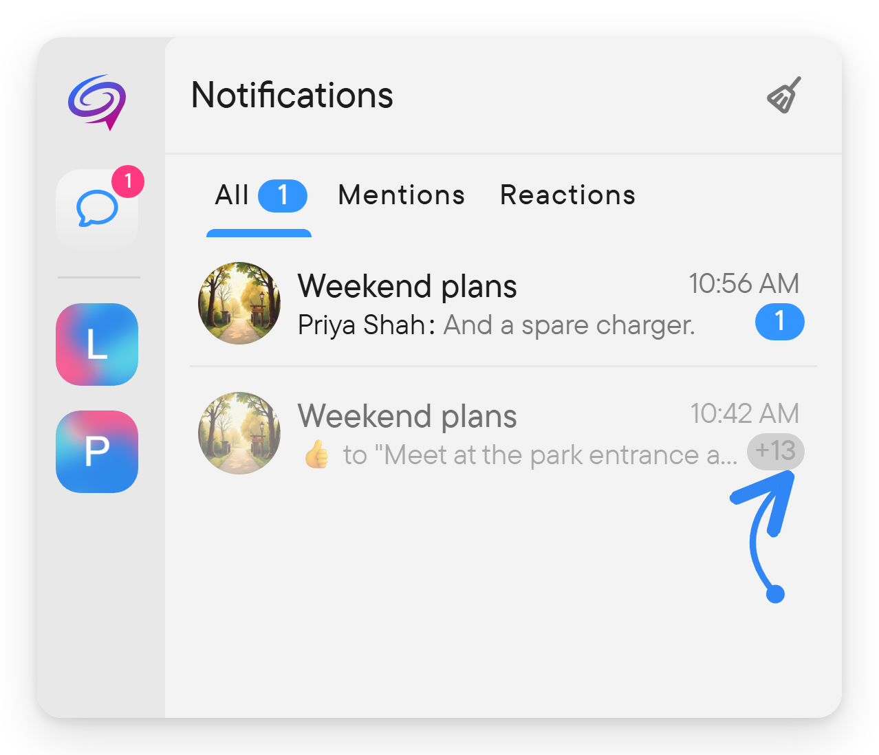 Handled notifications stay as a short history. Handled notifications are kept as one row per chat, with a +N badge for older ones.