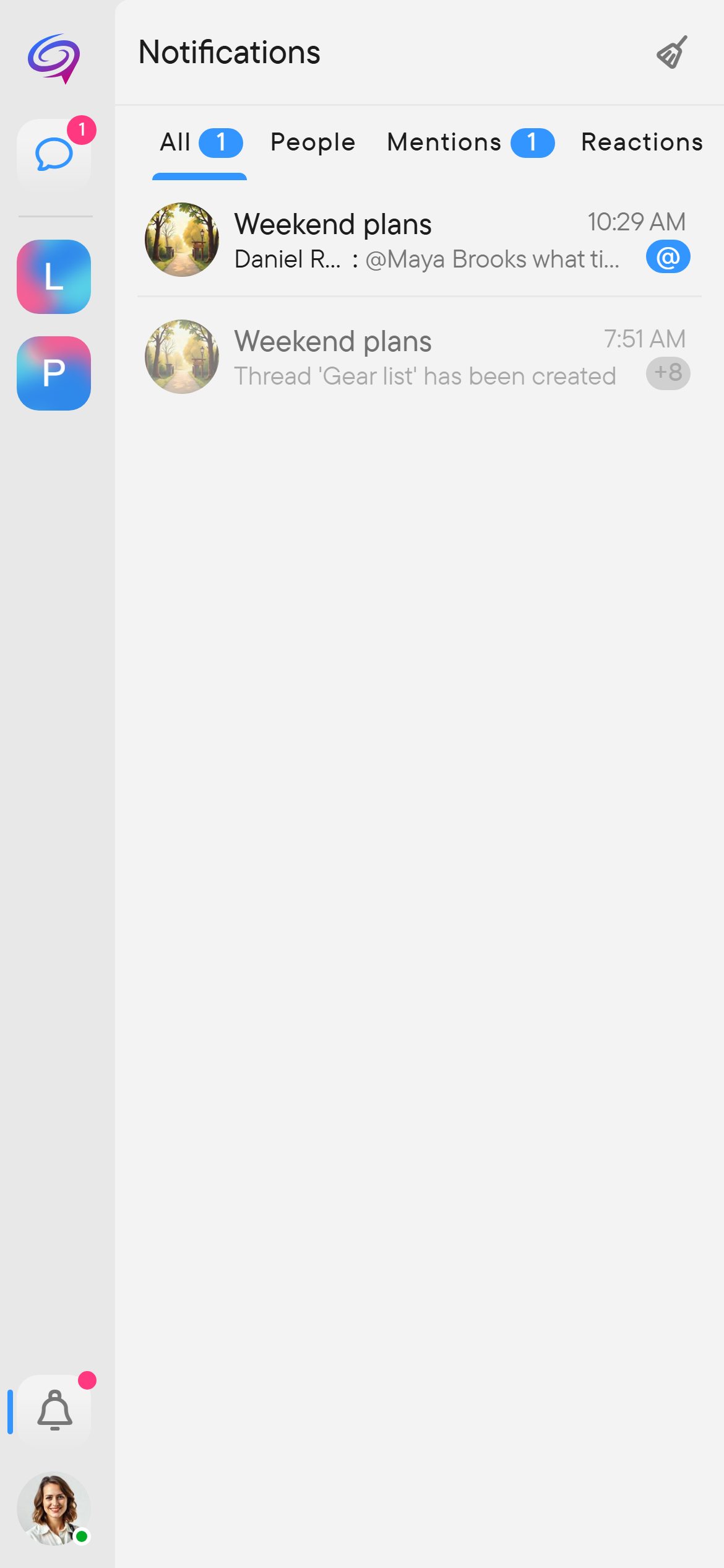 Mentions and reactions are collected in Notifications. The Notifications panel with category tabs, a mention and a reaction.