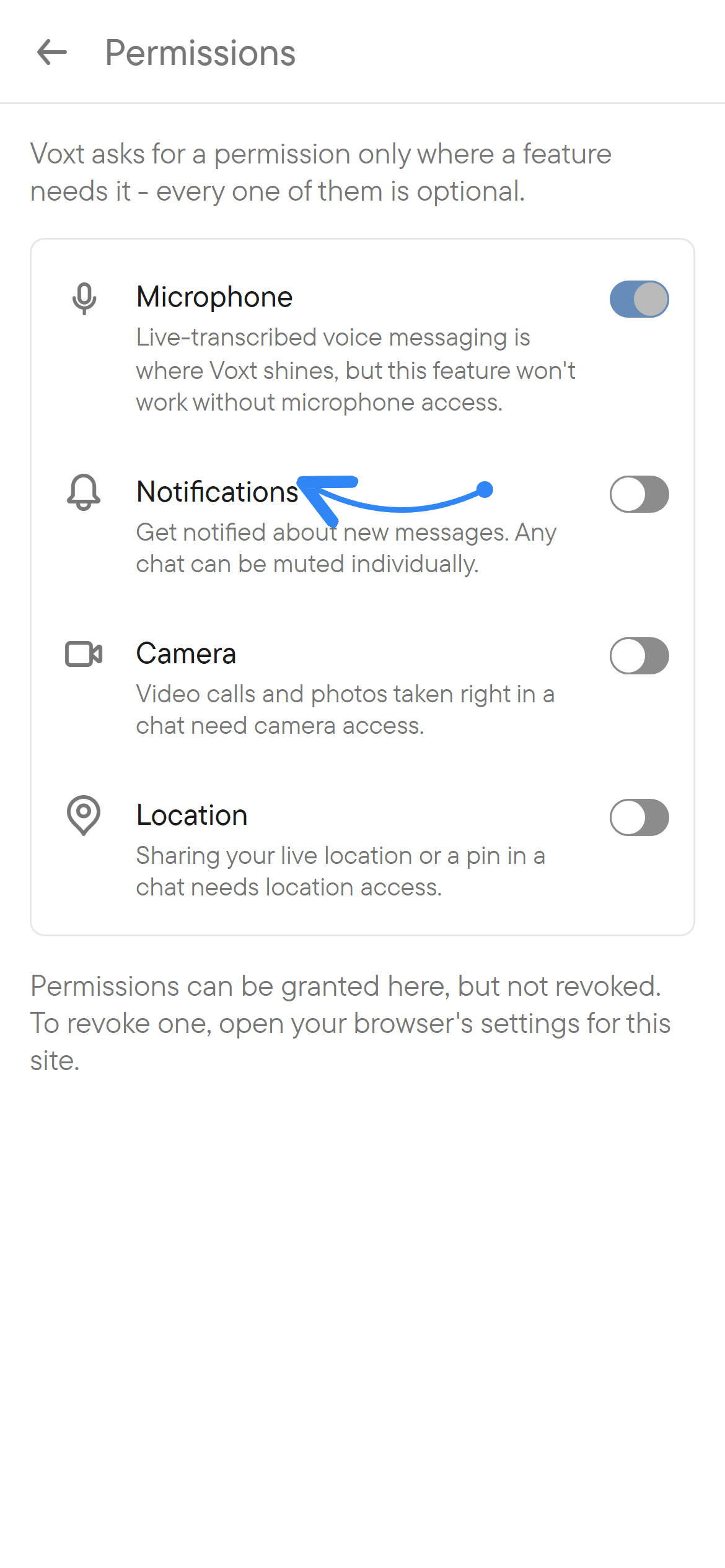 Check notification access in Permissions. The Permissions settings listing Microphone, Notifications, Camera and Location.