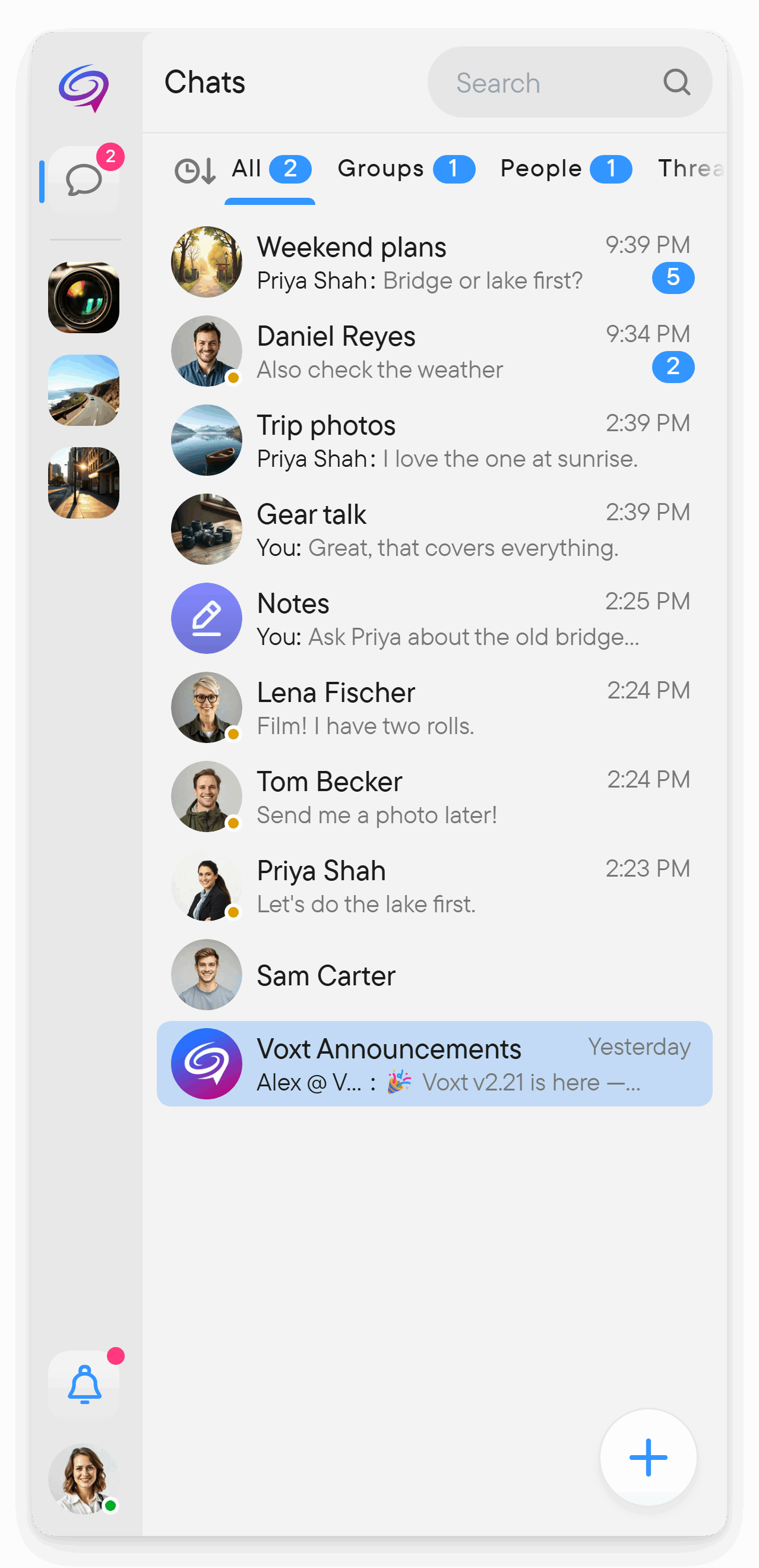 Counts show what you have not read. The chat list with small unread counts and a muted chat.