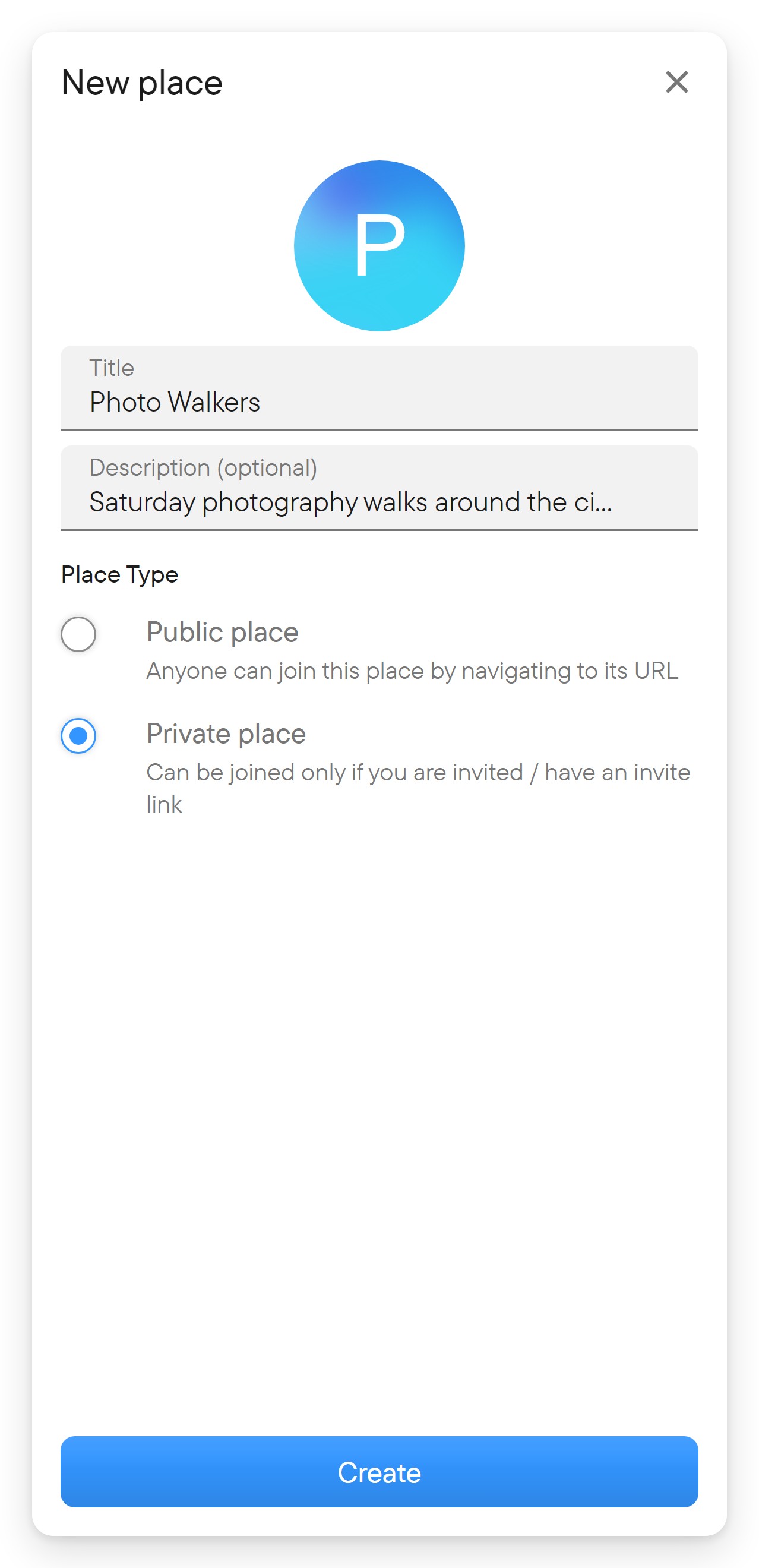 Create a private place. The New place form with title, description, the private/public choice and the Create button.