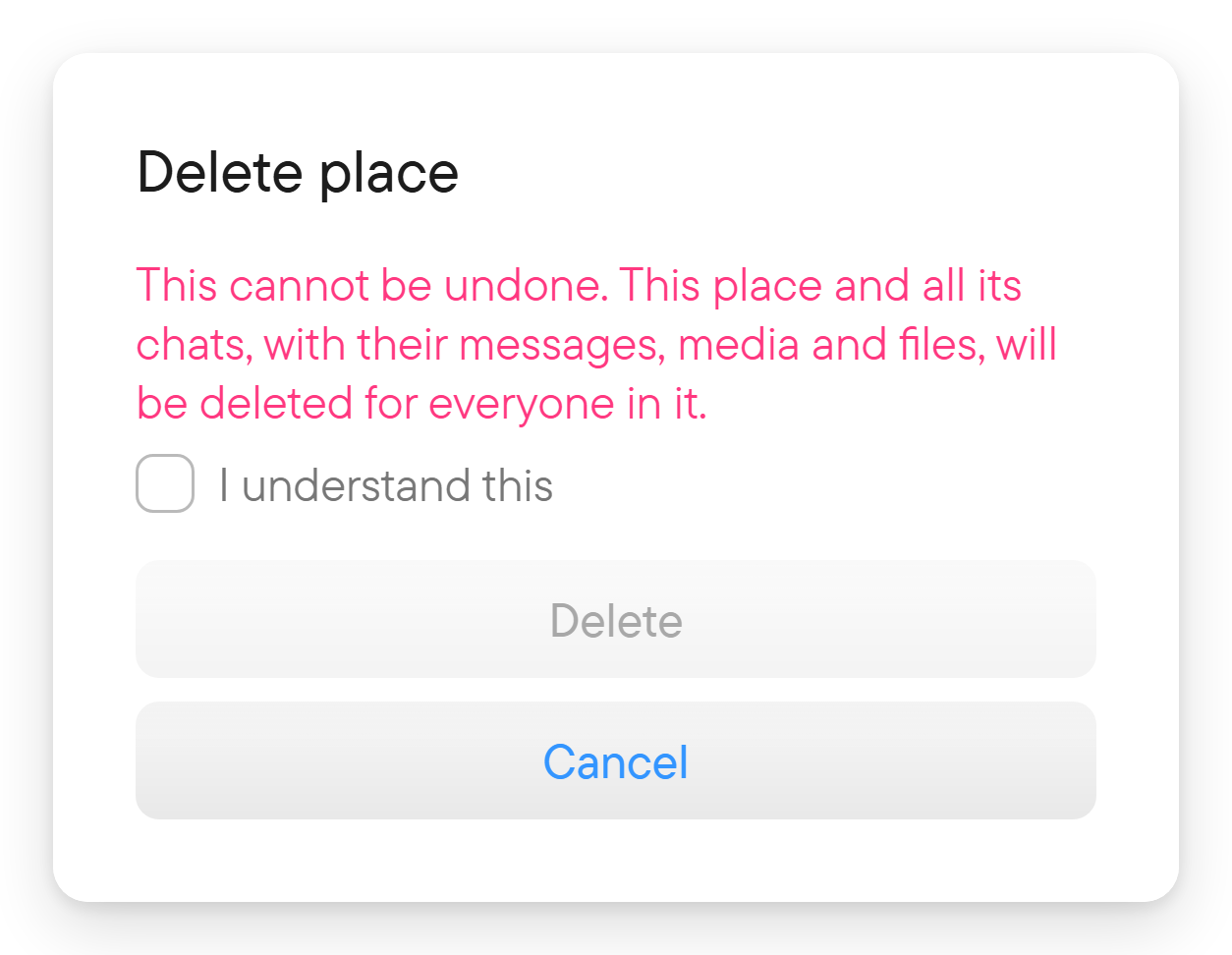 Deleting cannot be undone. The confirmation dialog for deleting a place.