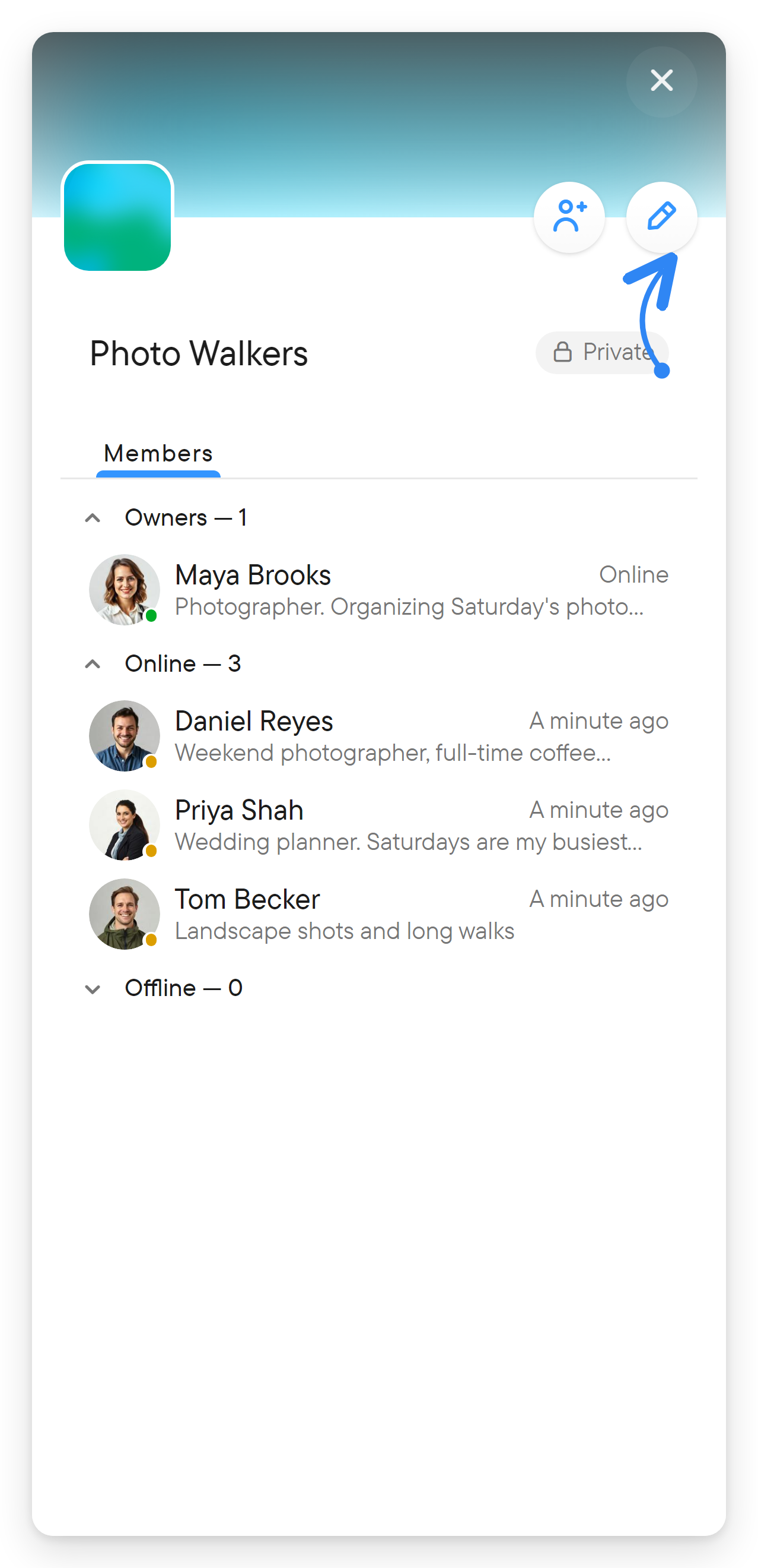 Members and place settings. The place information dialog with a Members list and the add-members and edit buttons.