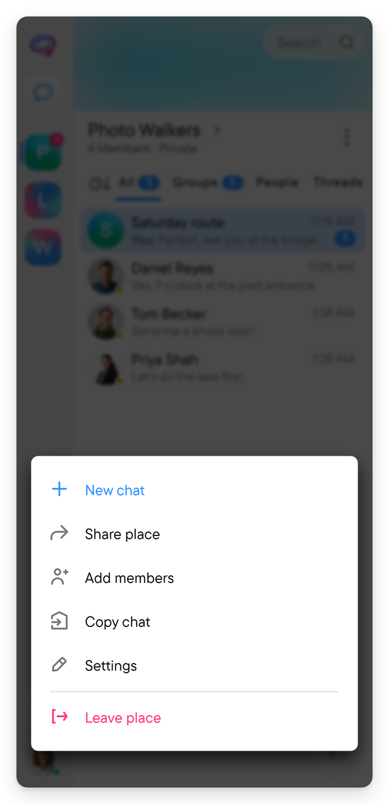 Everything for a place is in its menu. The place menu listing New chat, Share place, Add members, Settings and Leave place.