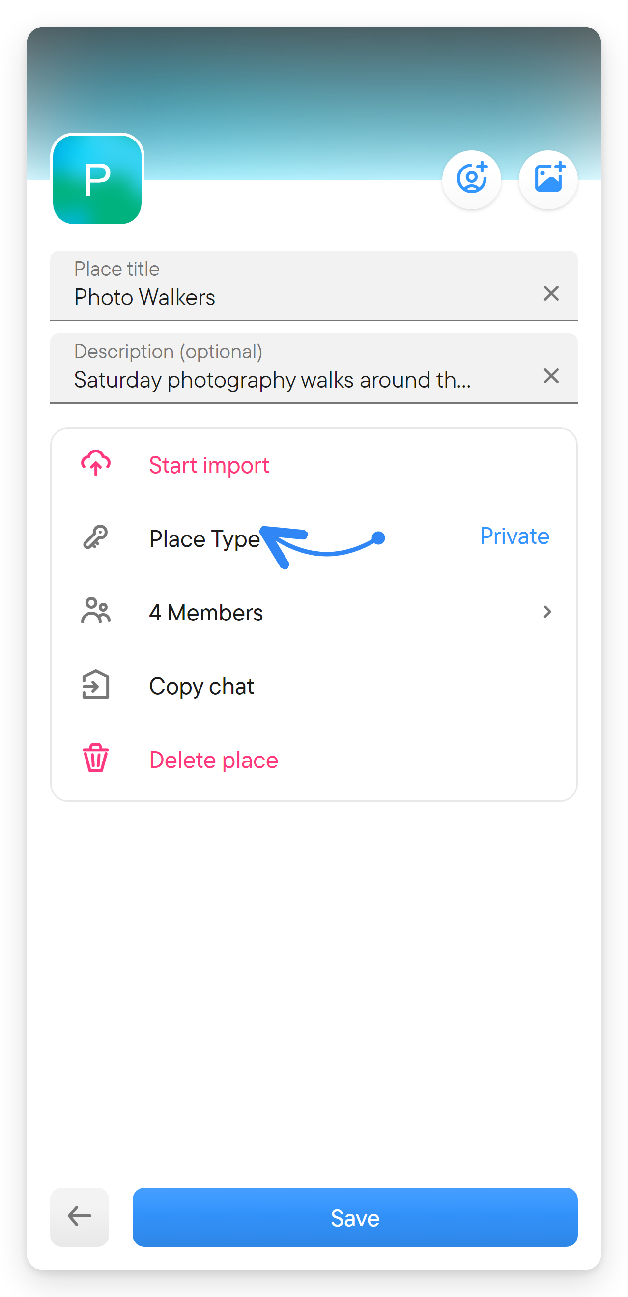 Switch public and private, manage links. The Place Type row in a place edit form, which opens the type and link settings.