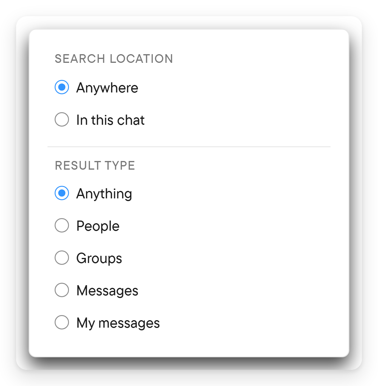 Choose where and what to search. The search filter menu with In this chat and My messages chosen.