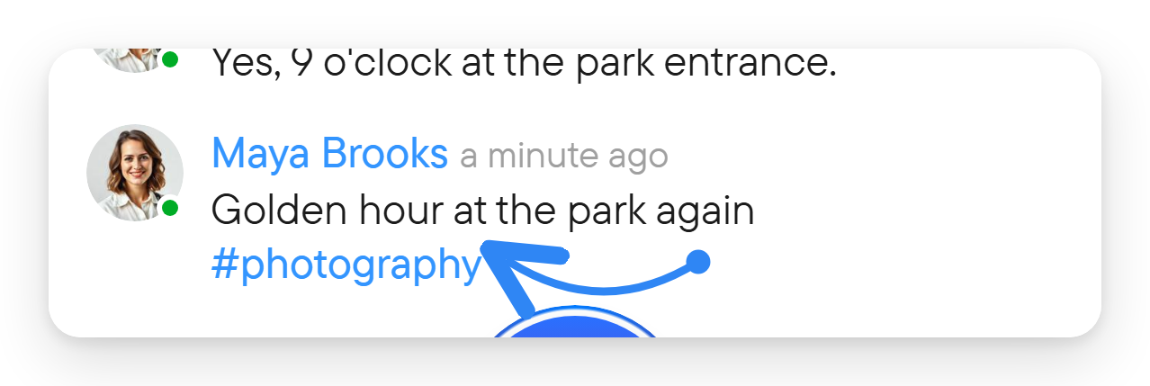 Select a hashtag to search for it. A message with the hashtag photography shown as a link.