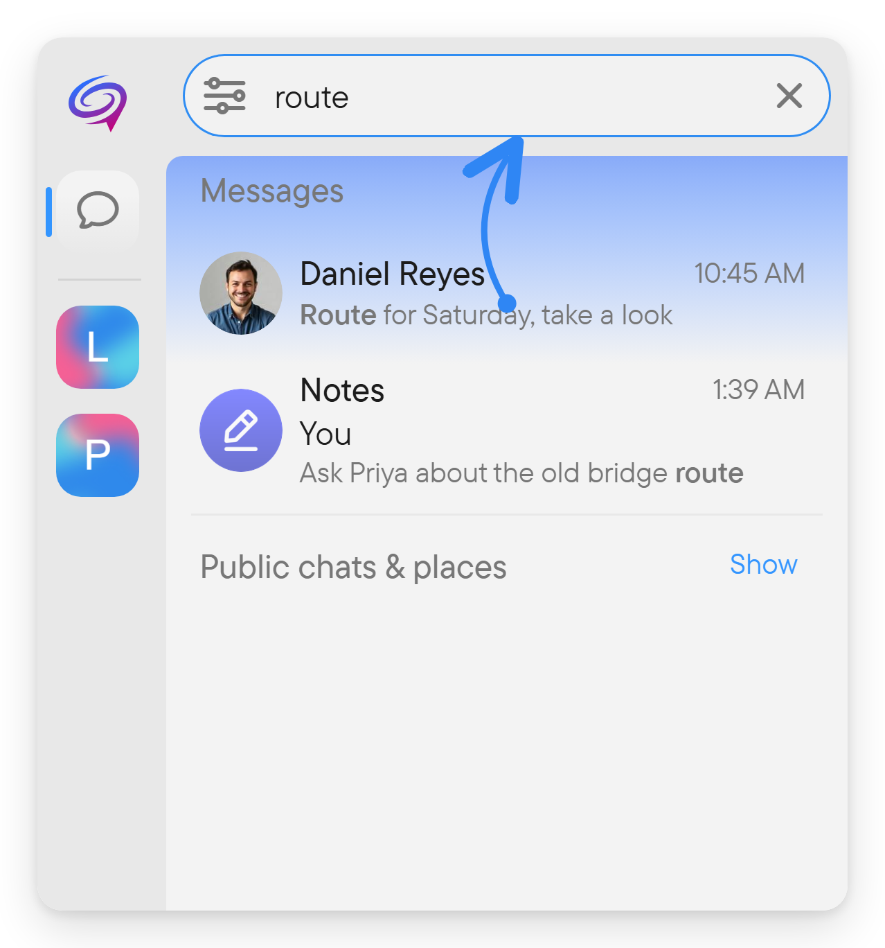 Type a word or phrase to search. The search field above the chat list with the query route and results below it.