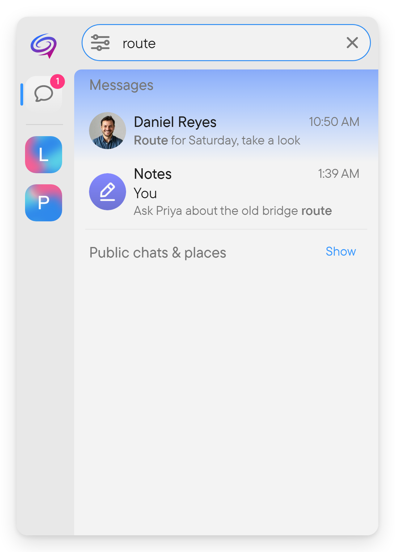 Results show the chat, author and text. Search results listing a matching message and a Public chats & places group.