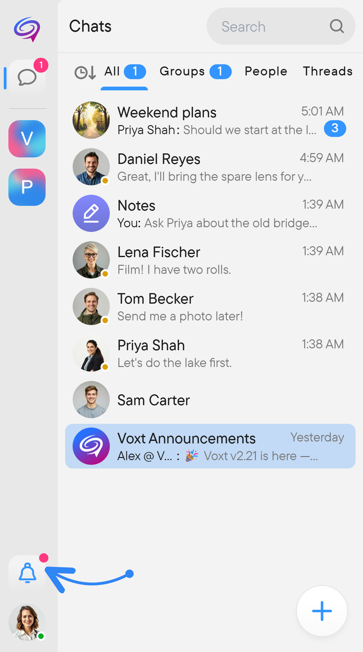Unread counts show where there is something new. A chat list in which two conversations show small unread-message counts.