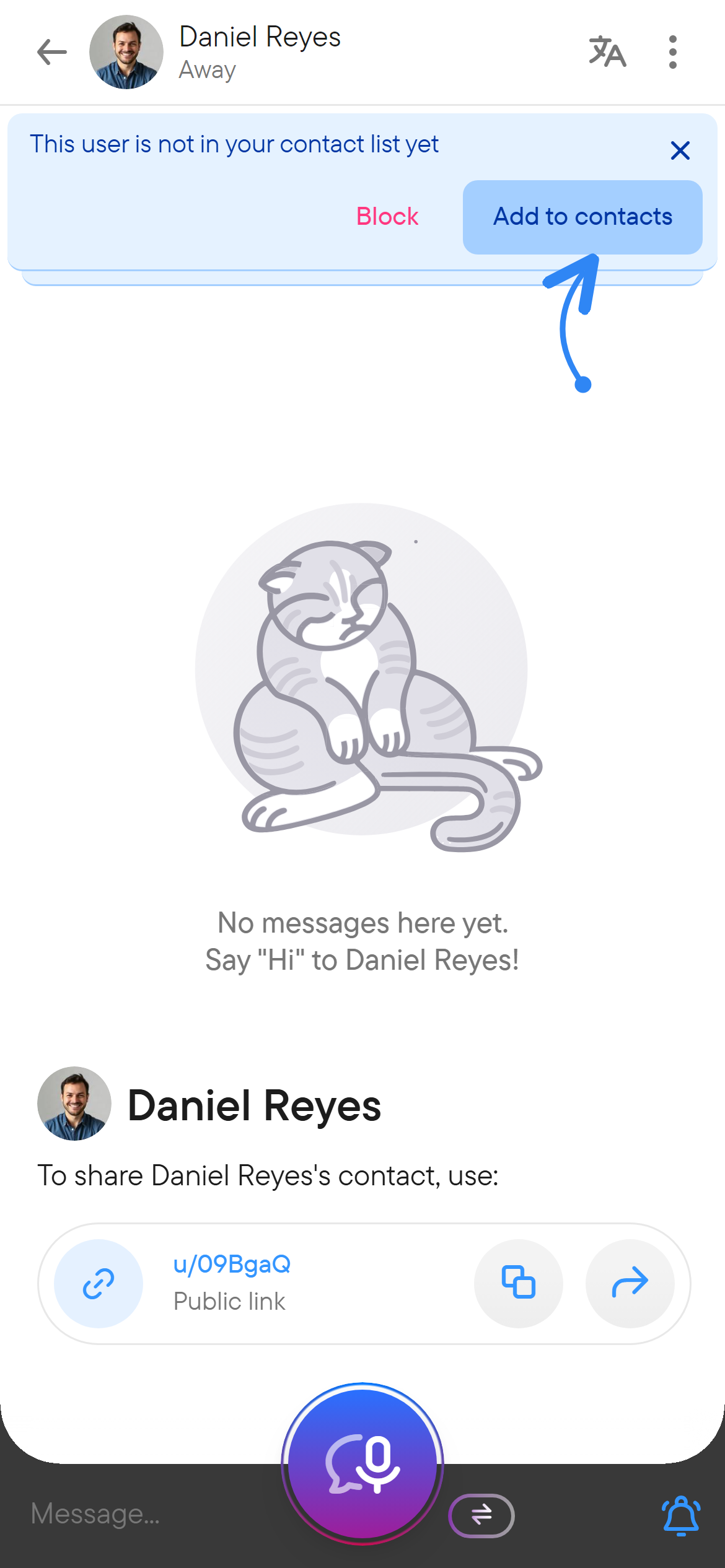 Open a profile and select Add to contacts. A new direct chat with Daniel Reyes and a banner offering Add to contacts.