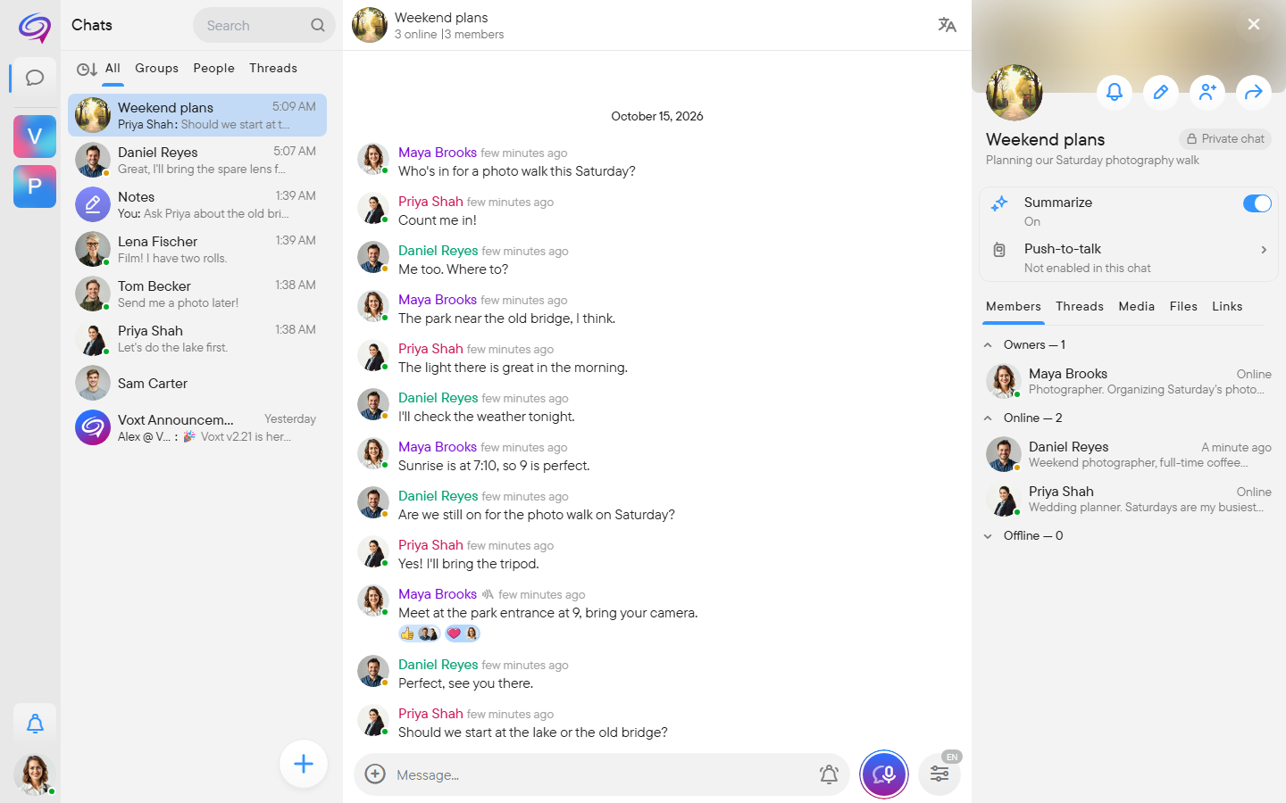 A group chat with text messages and a voice message whose transcript is shown under it.