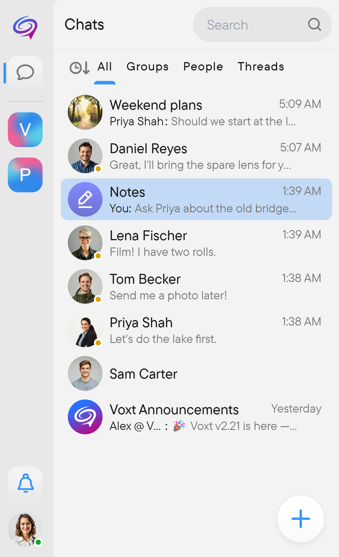 Notes keeps messages and files for yourself. The Notes chat with two personal notes, opened from the chat list.