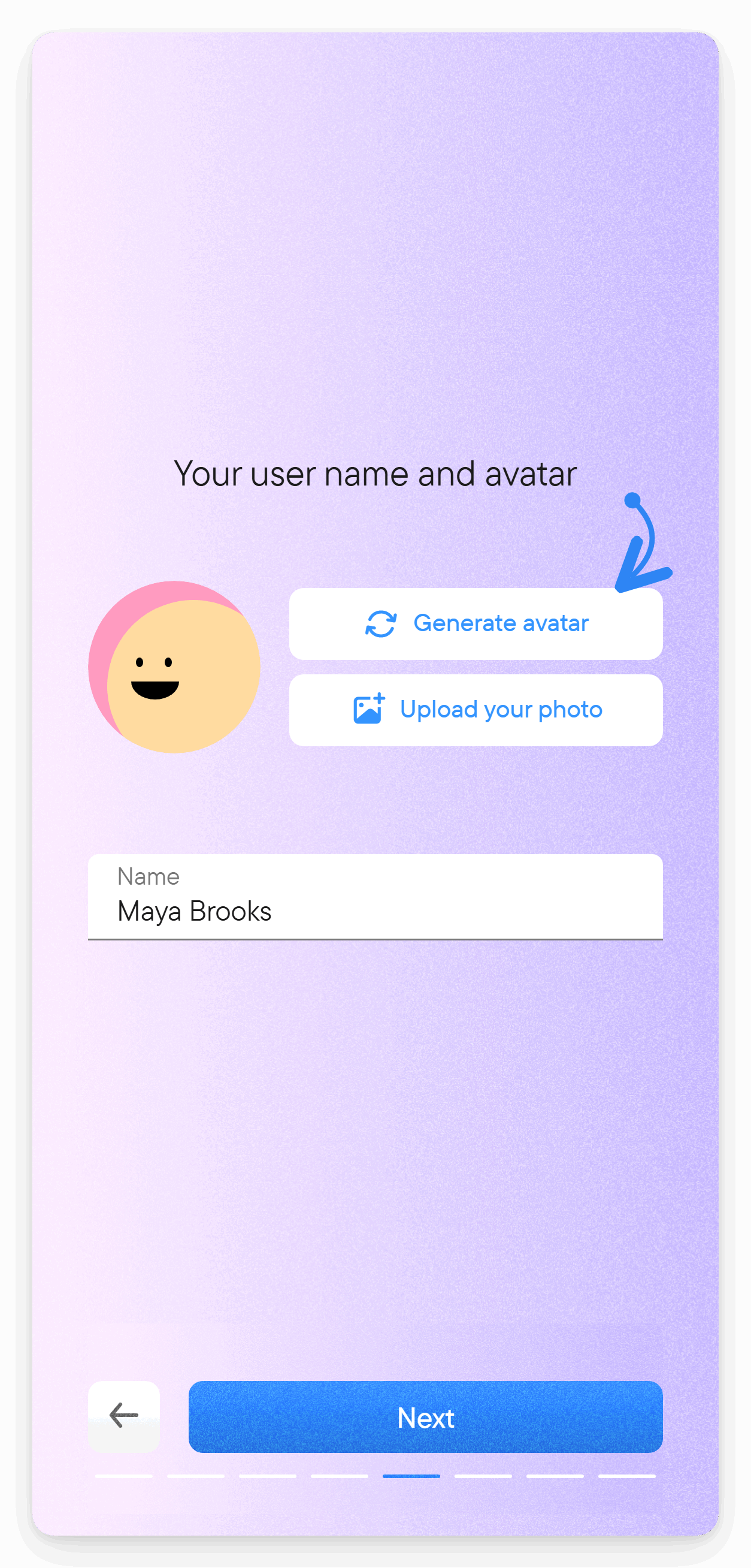 Set the name and avatar people will see. The introduction step titled Your user name and avatar with a name field and buttons to generate an avatar or upload a photo.
