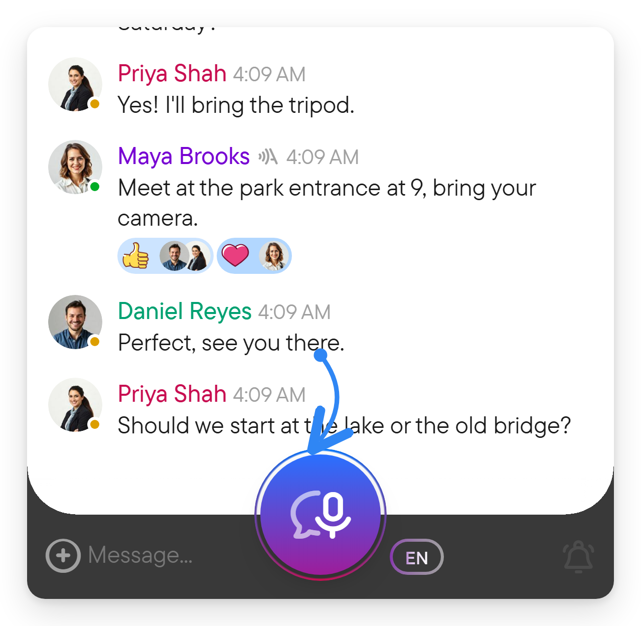Select the recording button to start a voice message. The composer of a group chat with the round recording button at its right end.