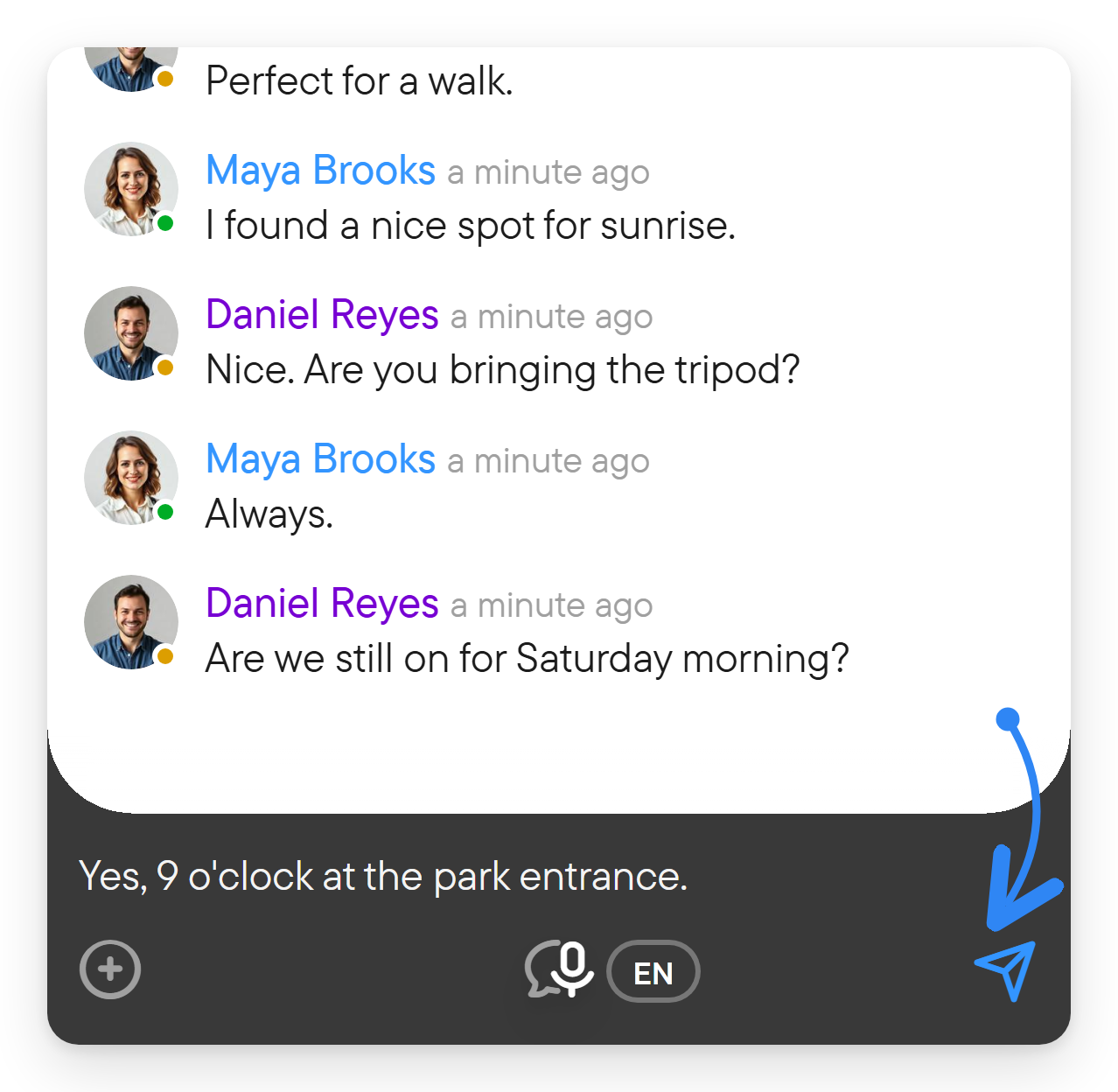 Type your message and select the paper-plane button. A direct chat composer with a typed message and the paper-plane Send button.
