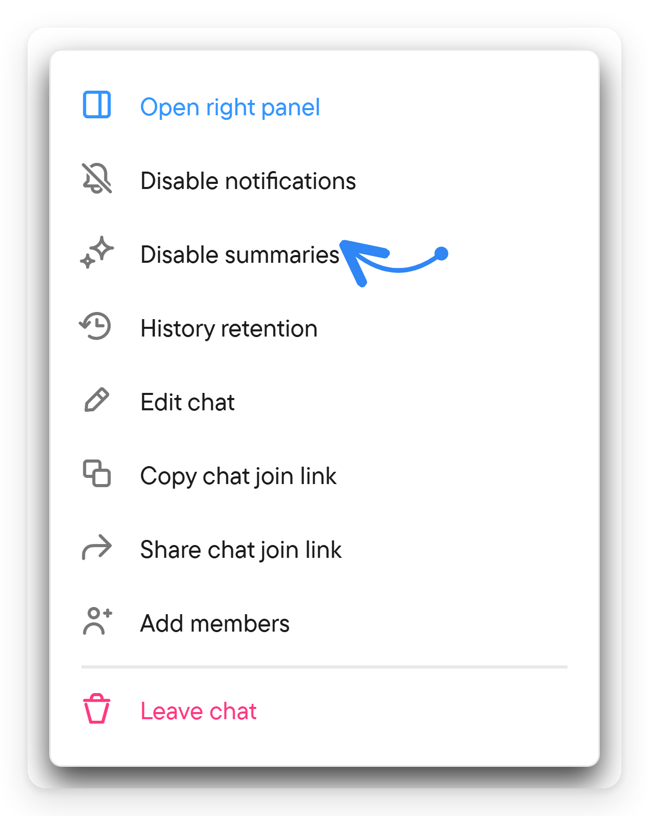 The chat menu with the Disable summaries entry marked.