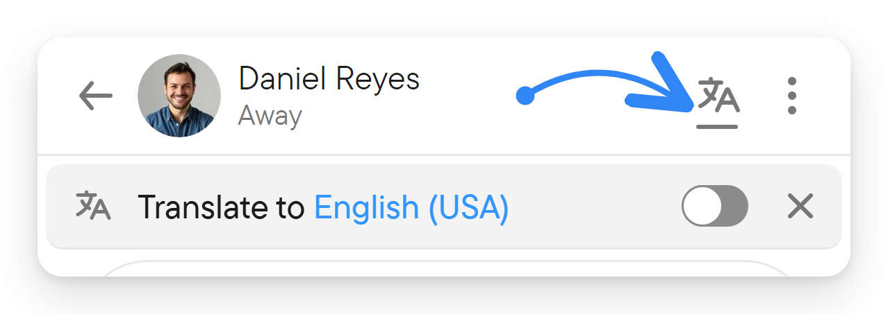 Open the translation bar from the header. The top of a chat with the translation icon in the header and the translation bar below it with the switch off.