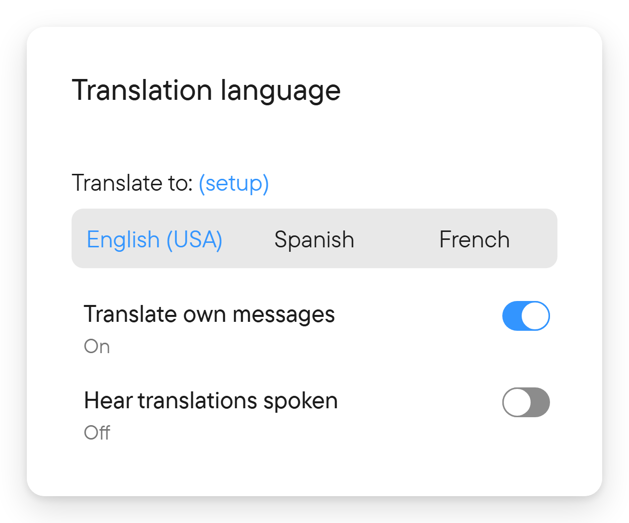 Choose the language you want to read. The Translation language dialog with English and Spanish as choices and English selected.
