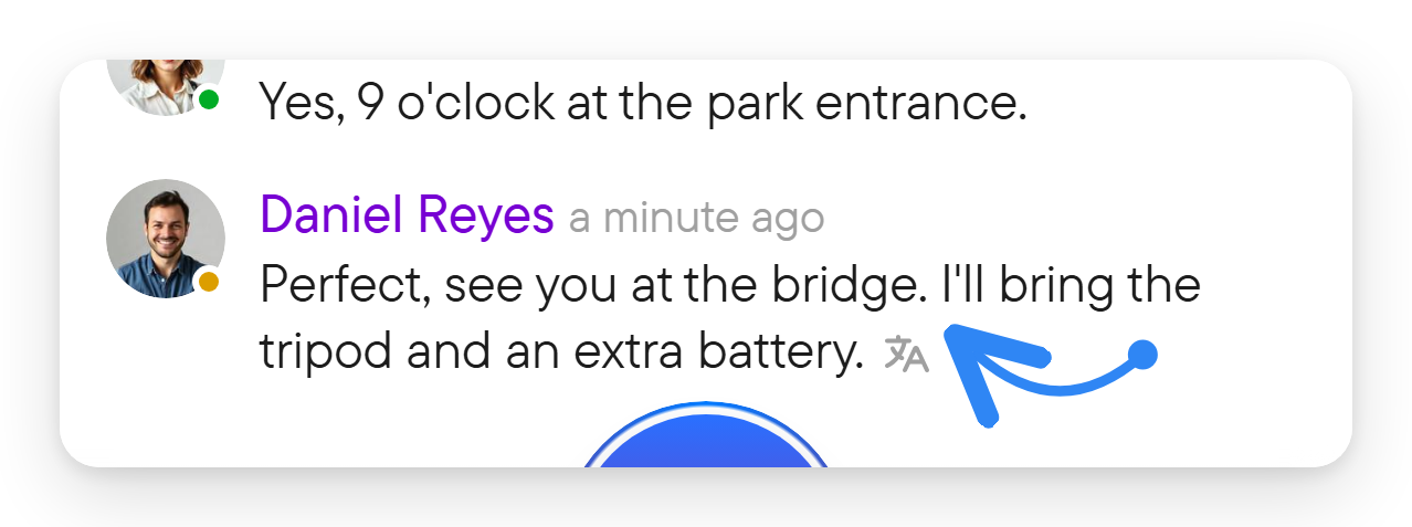 A small icon marks a translated message. A translated chat message with a small translation icon after its text.