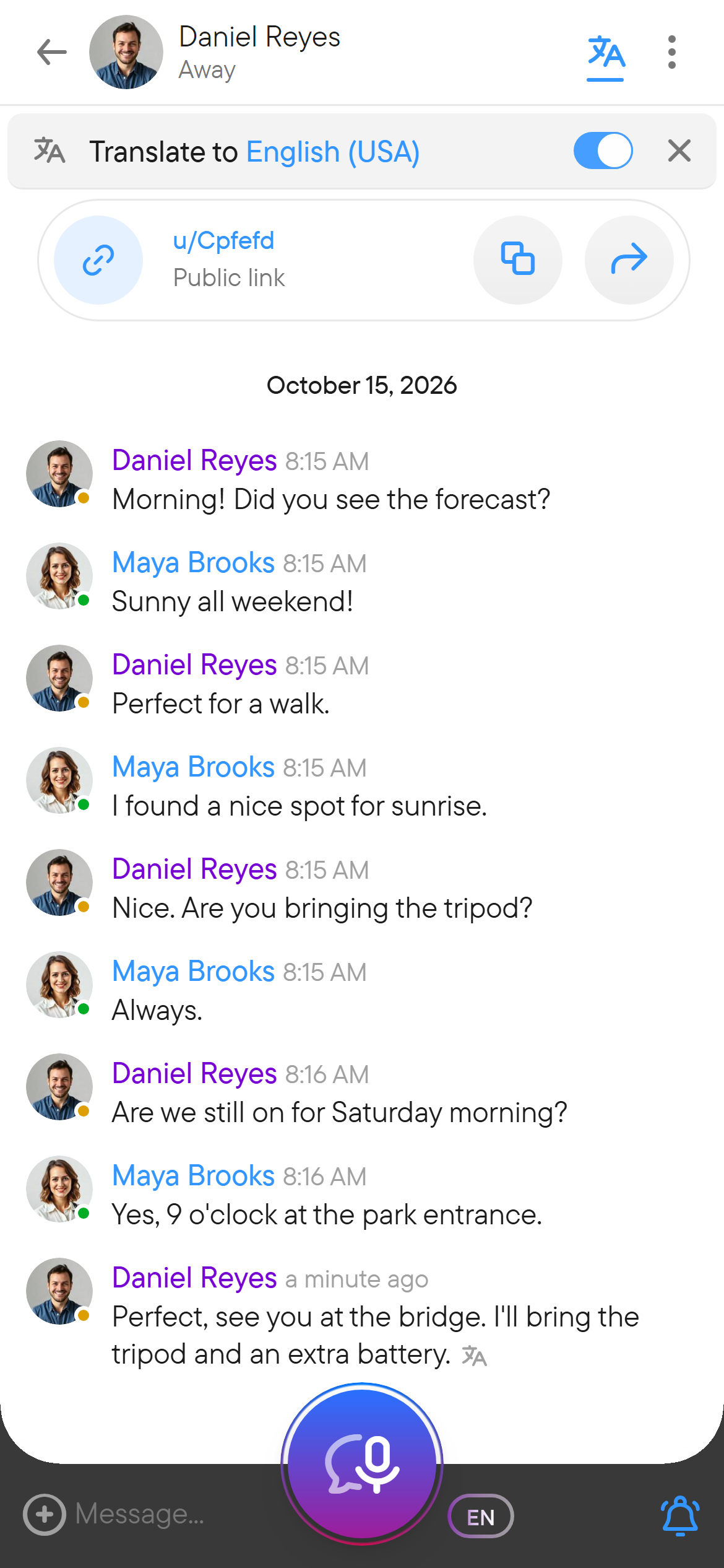 Read a chat in another language. A chat with the translation bar switched on and Daniel's Spanish message shown in English.