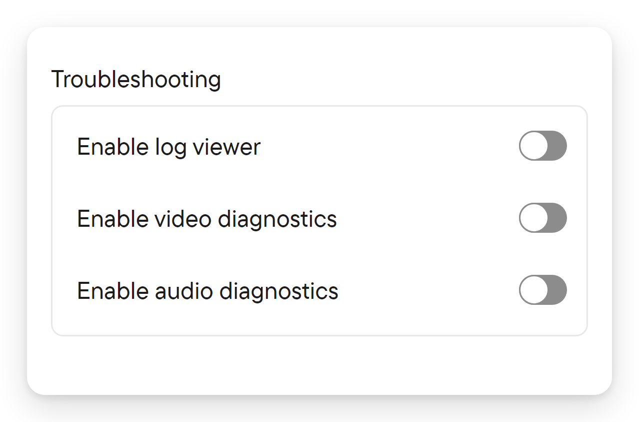 Developer tools settings with switches for the log viewer and diagnostics.