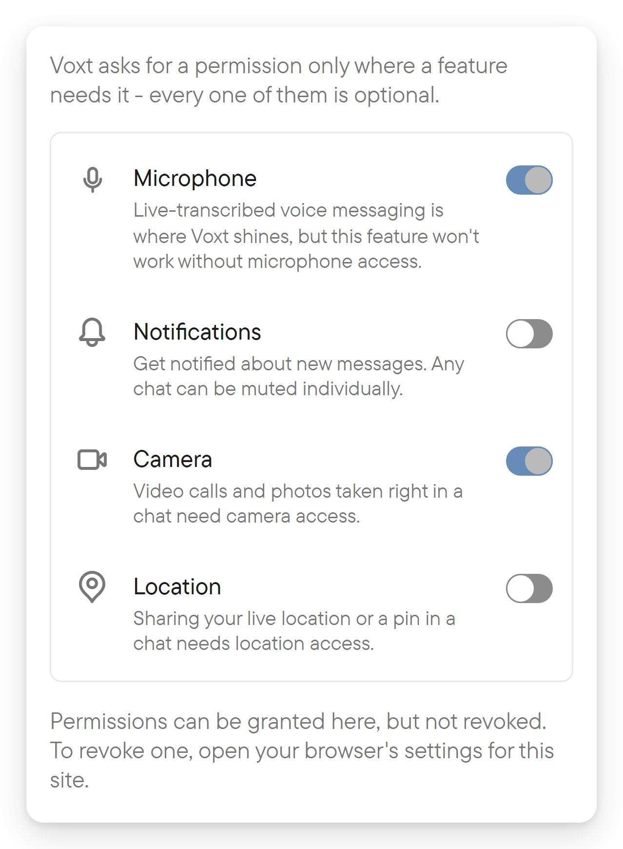 The Permissions settings listing Microphone, Notifications, Camera and Location.